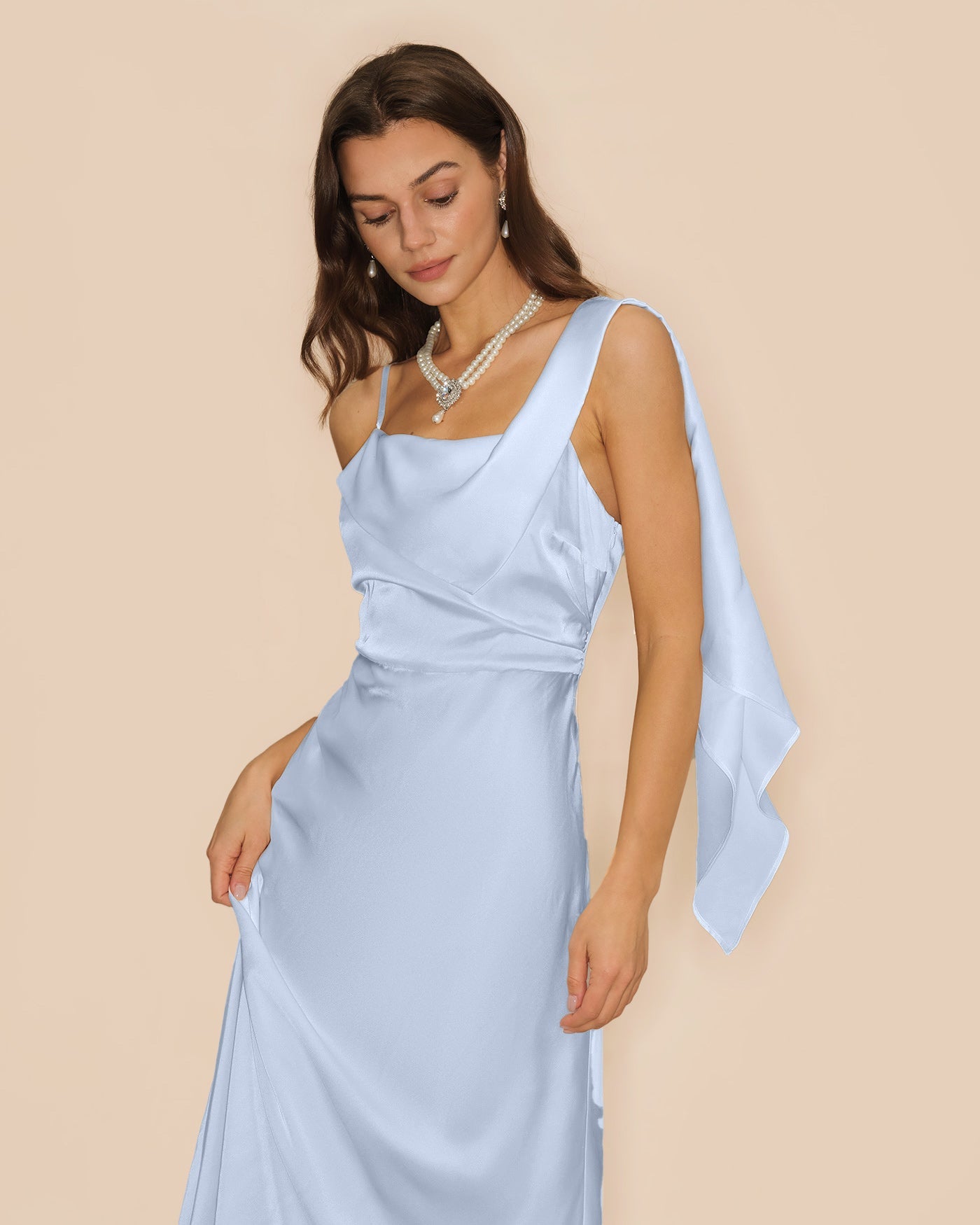 Blå Fyrkantig Halsringning Flödande Satin Maxi Klänning