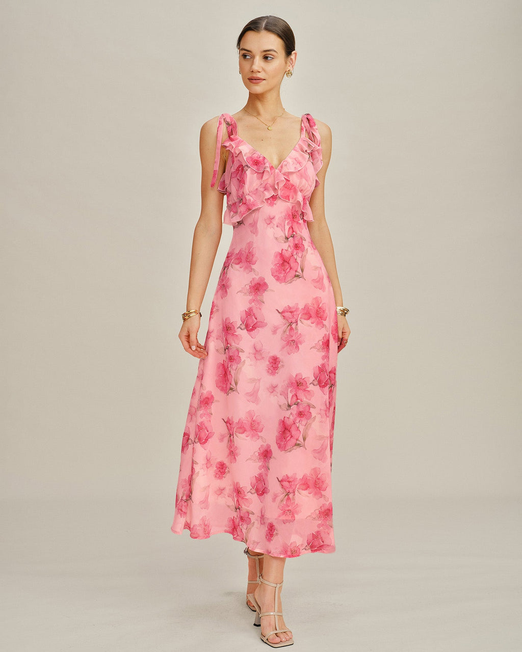 Rosa Blommig Volang Chiffon Maxi Klänning