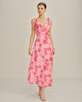 Rosa Blommig Volang Chiffon Maxi Klänning