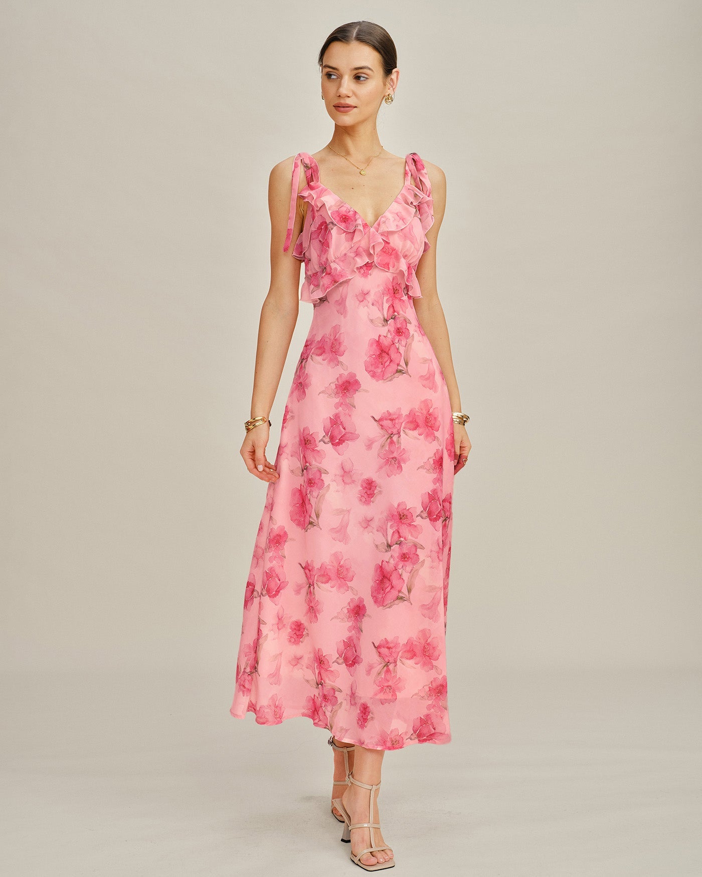 Rosa Blommig Volang Chiffon Maxi Klänning