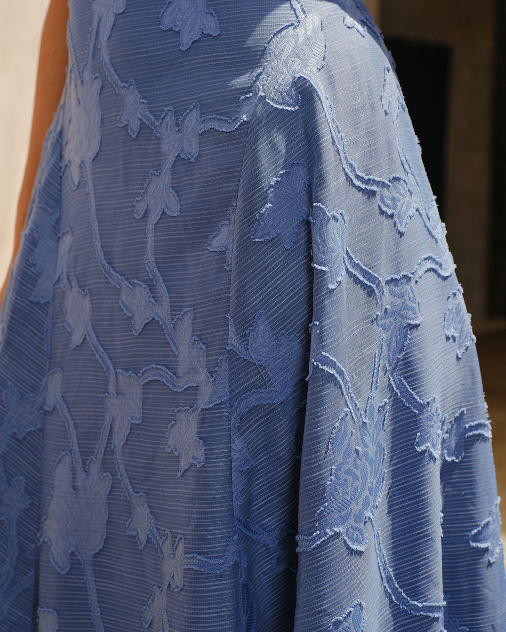 Blå Jacquard Rynkad Slip Maxi Klänning