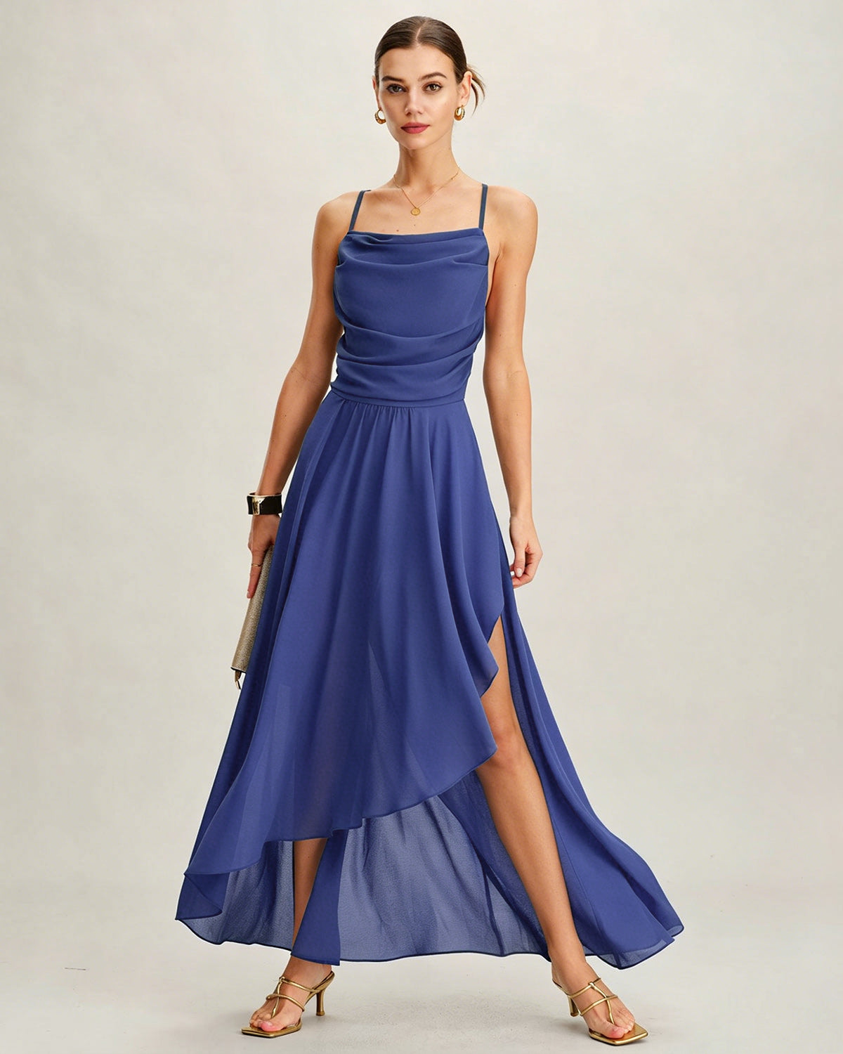 Blå Fyrkantig Hals Slip Chiffon Maxi Klänning
