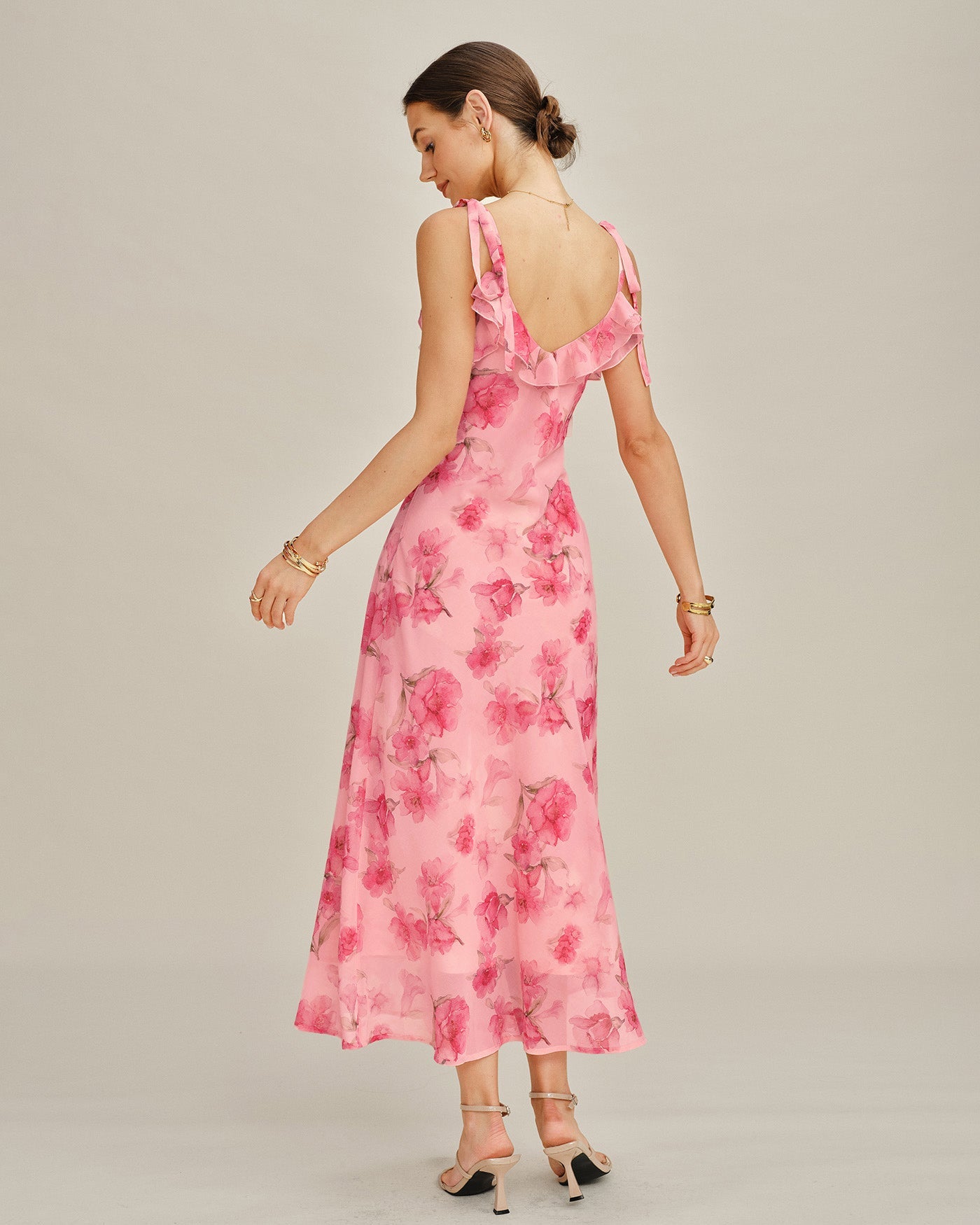 Rosa Blommig Volang Chiffon Maxi Klänning