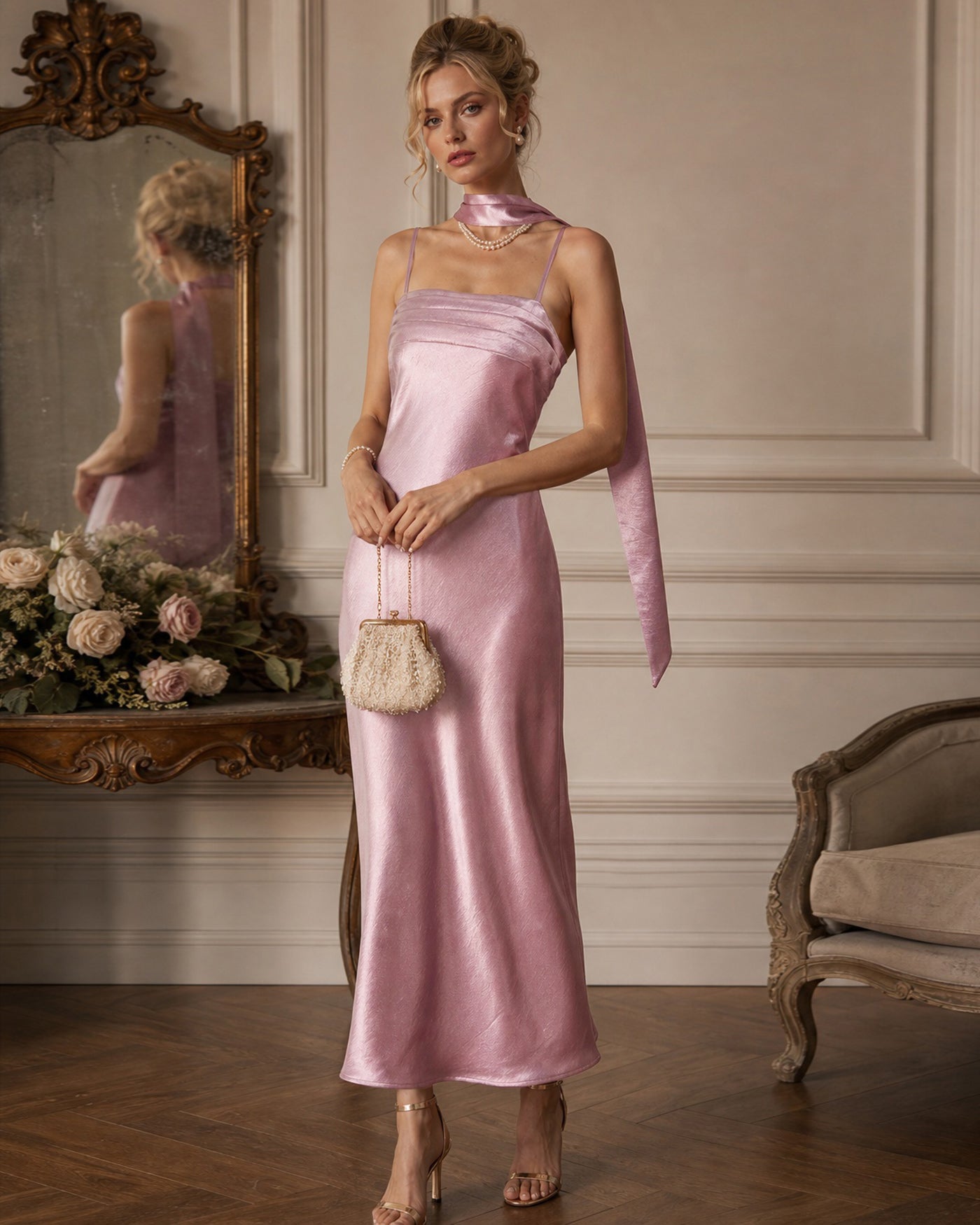 Rosa Slip Mermaid Satin Maxi Klänning
