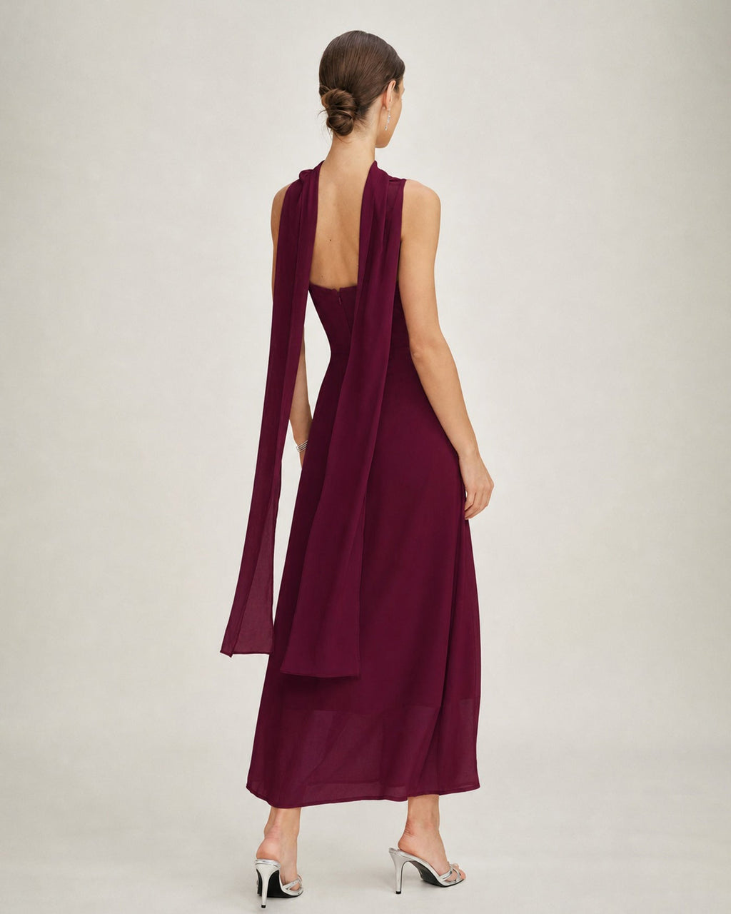 Vinröd Cowl Neck Tie Chiffon Maxi Klänning