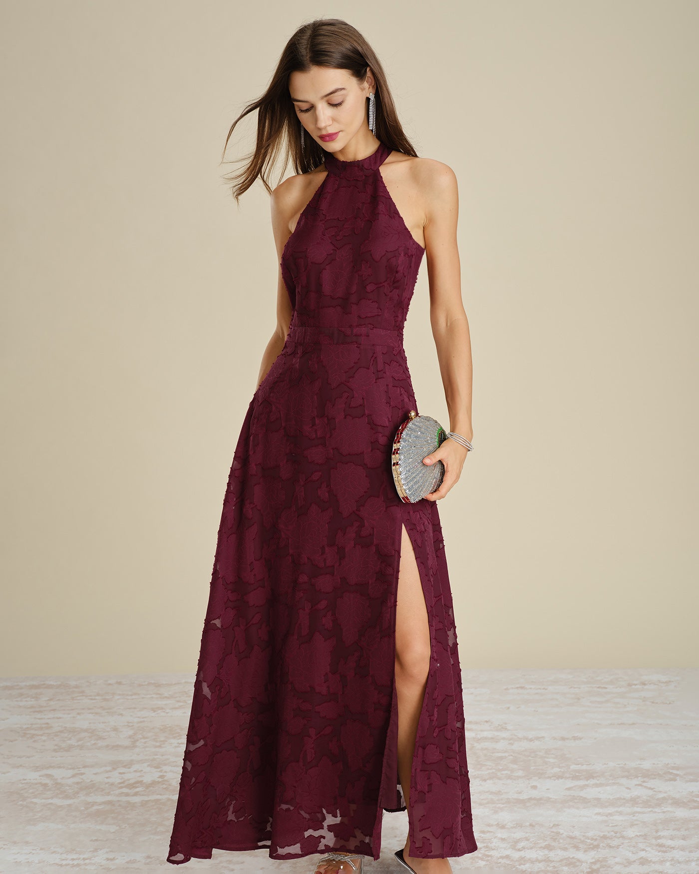 Vinröd Mock Neck Jacquard Maxi Klänning