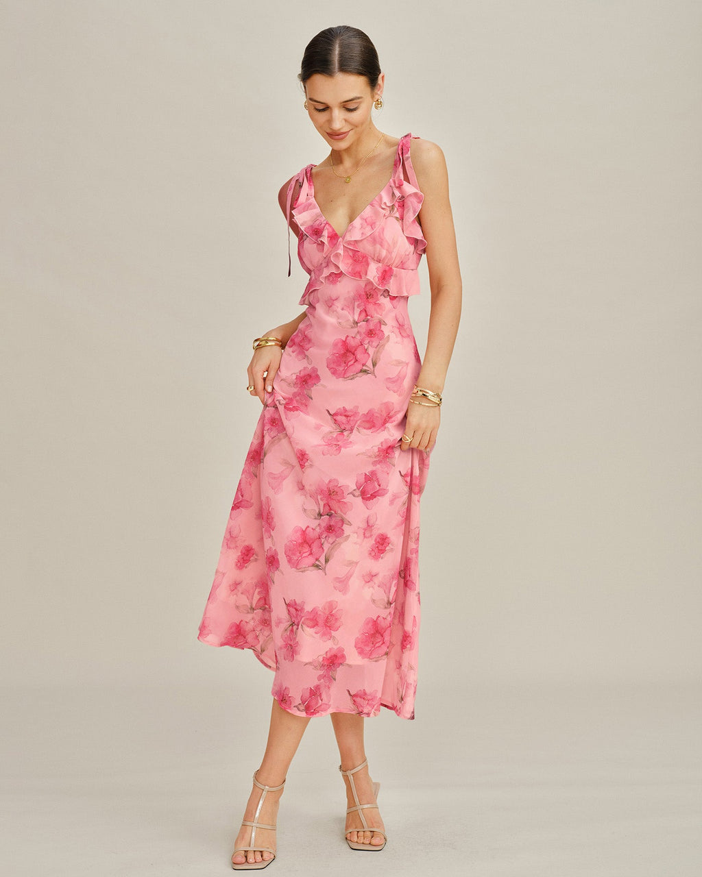 Rosa Blommig Volang Chiffon Maxi Klänning