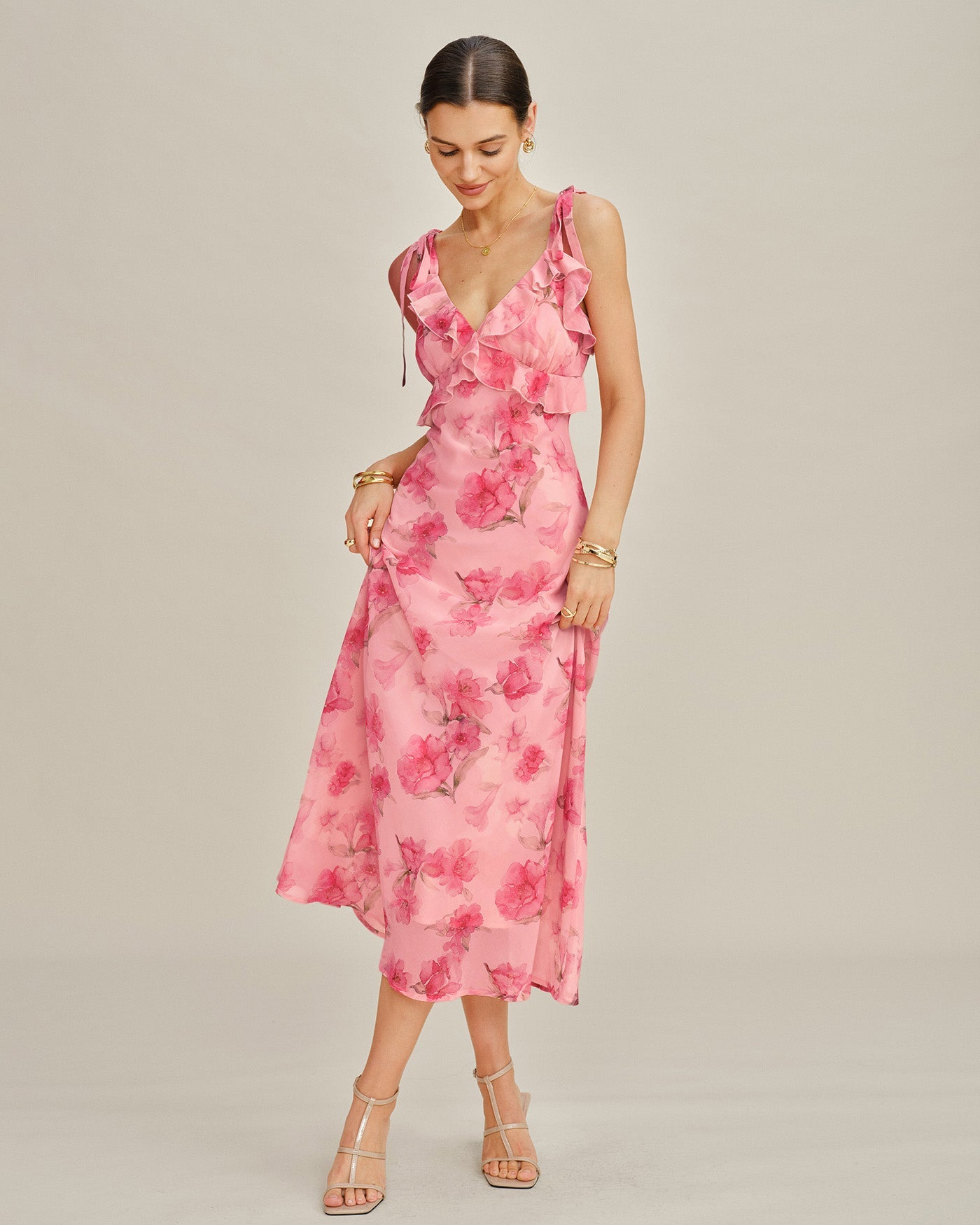 Rosa Blommig Volang Chiffon Maxi Klänning