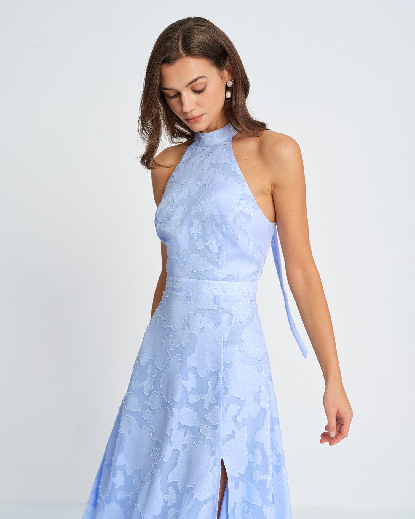 Blå Mock Neck Jacquard Maxi Klänning