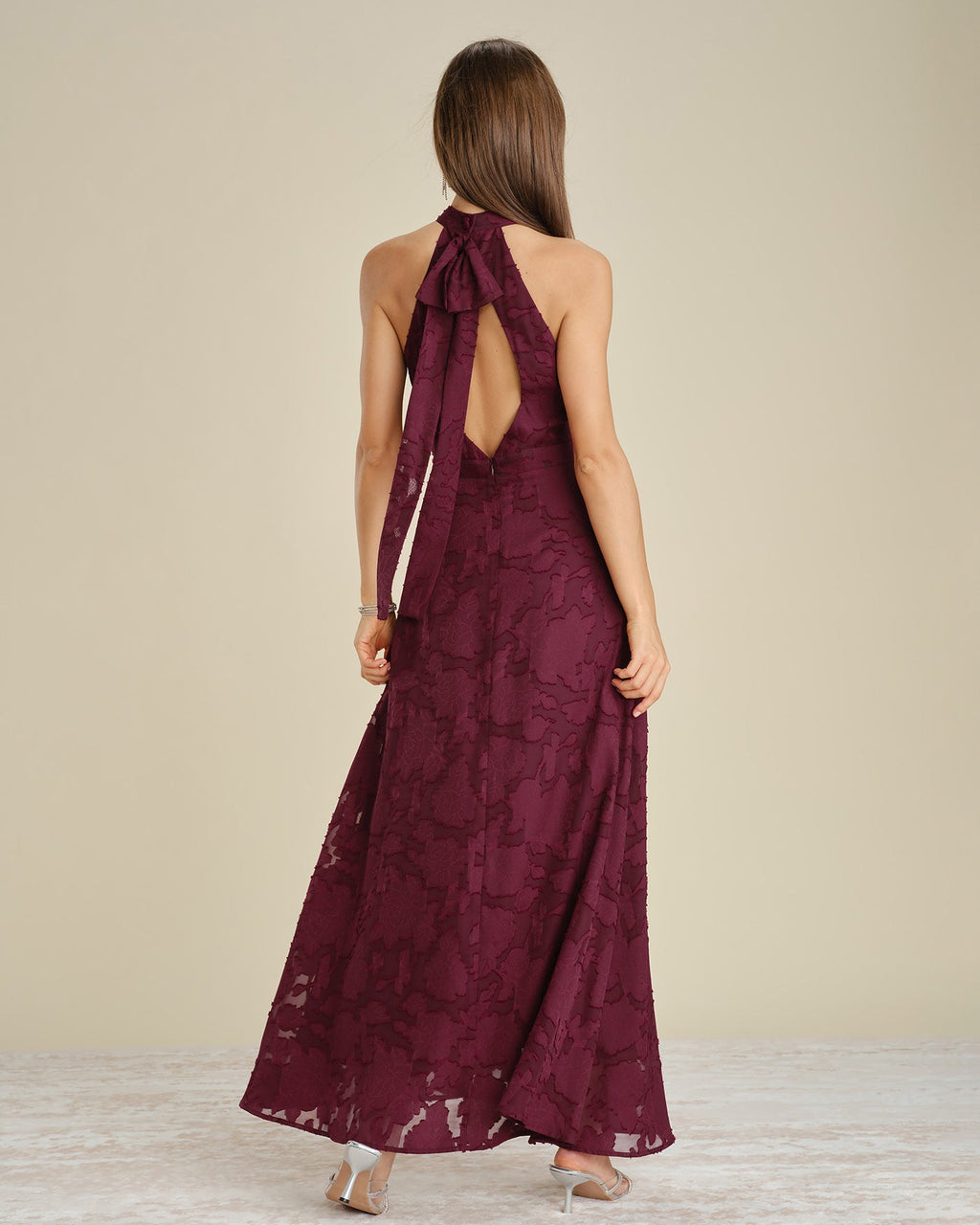 Vinröd Mock Neck Jacquard Maxi Klänning