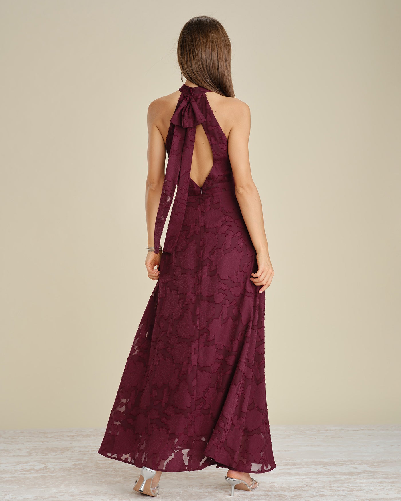 Vinröd Mock Neck Jacquard Maxi Klänning