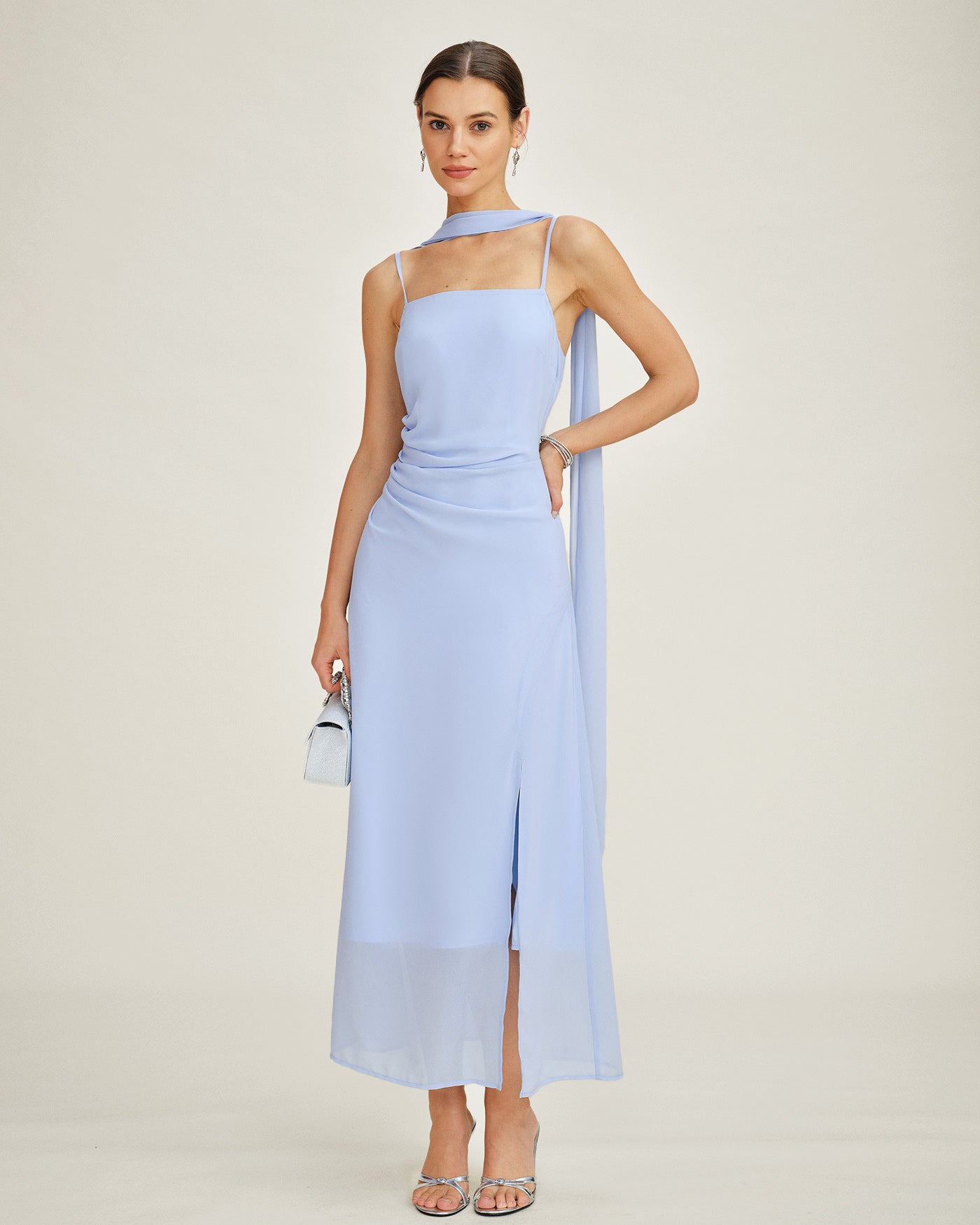 Blå Cowl Neck Strap Chiffon Maxi Klänning