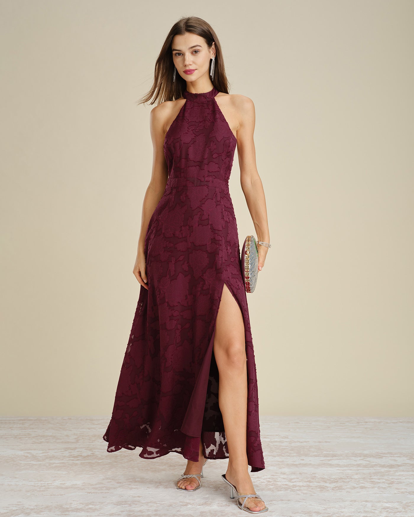 Vinröd Mock Neck Jacquard Maxi Klänning