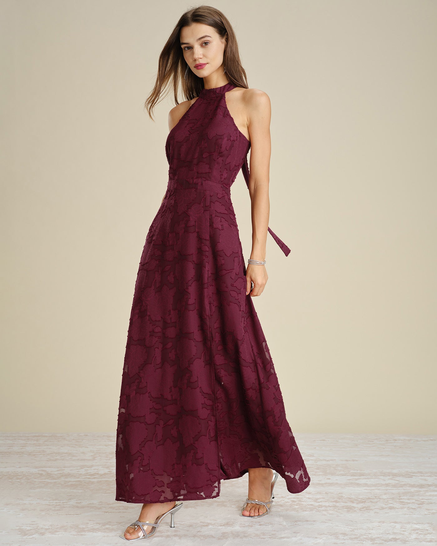 Vinröd Mock Neck Jacquard Maxi Klänning