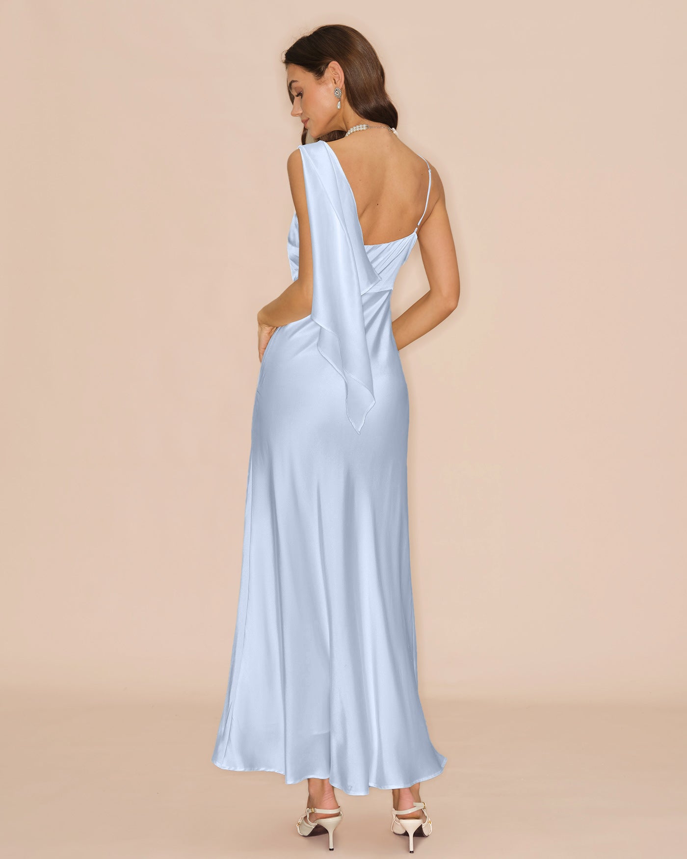 Blå Fyrkantig Halsringning Flödande Satin Maxi Klänning