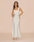 Off White Fyrkantig Halsringning Satin Maxi Klänning