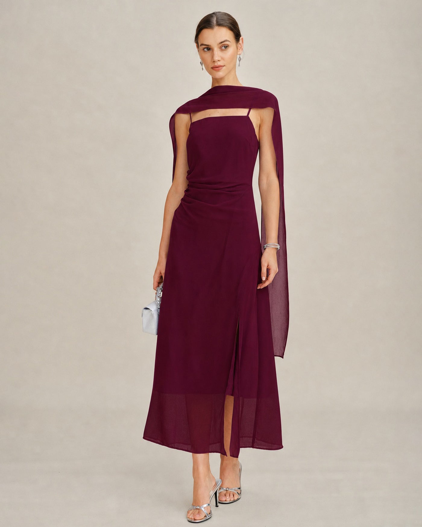 Vinröd Cowl Neck Tie Chiffon Maxi Klänning