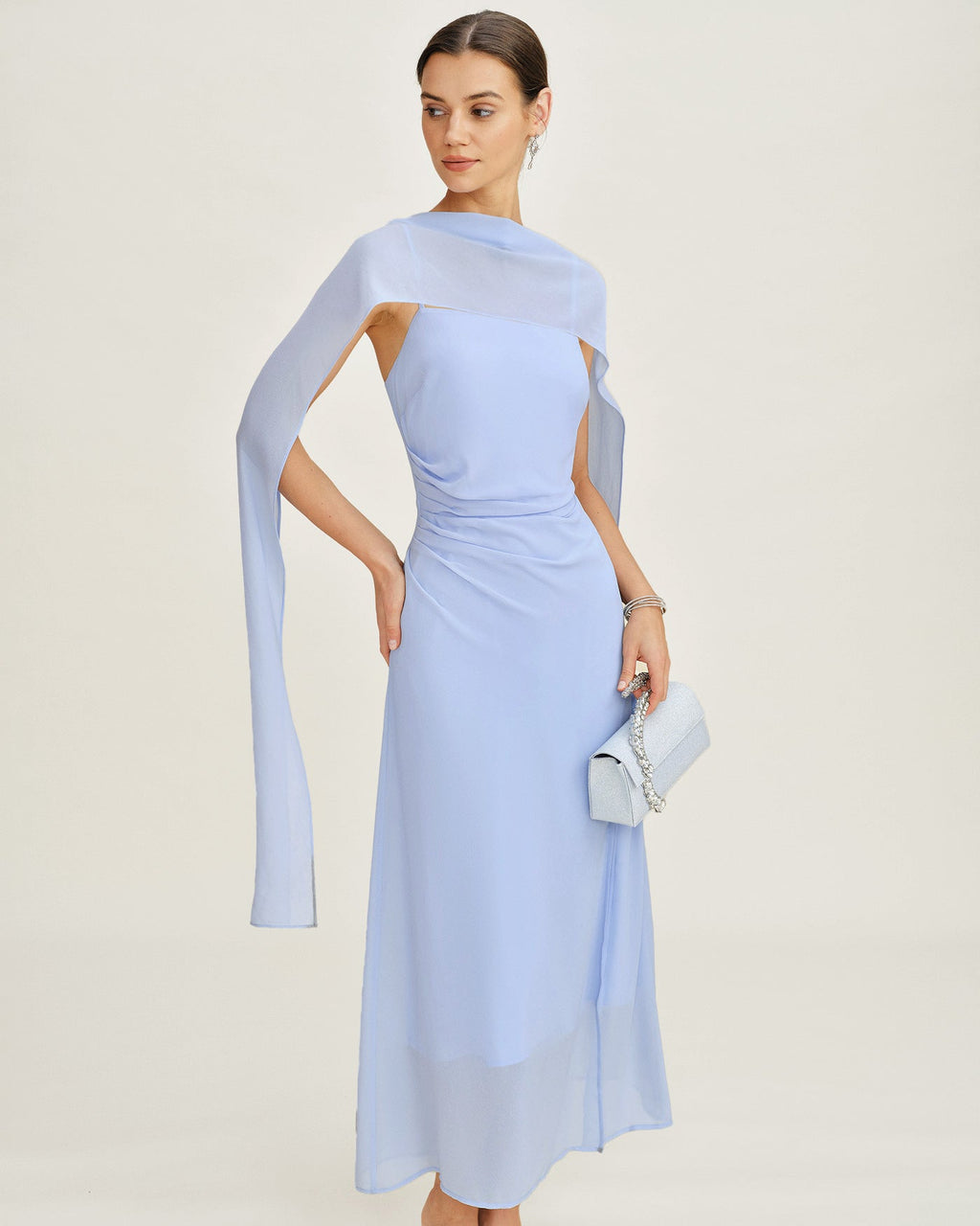 Blå Cowl Neck Strap Chiffon Maxi Klänning