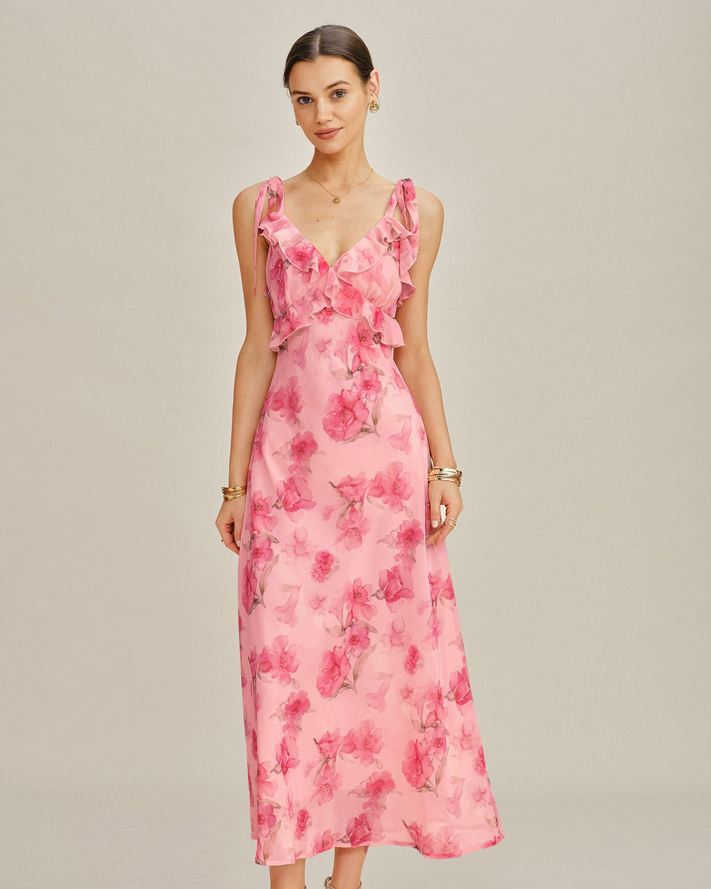 Rosa Blommig Volang Chiffon Maxi Klänning