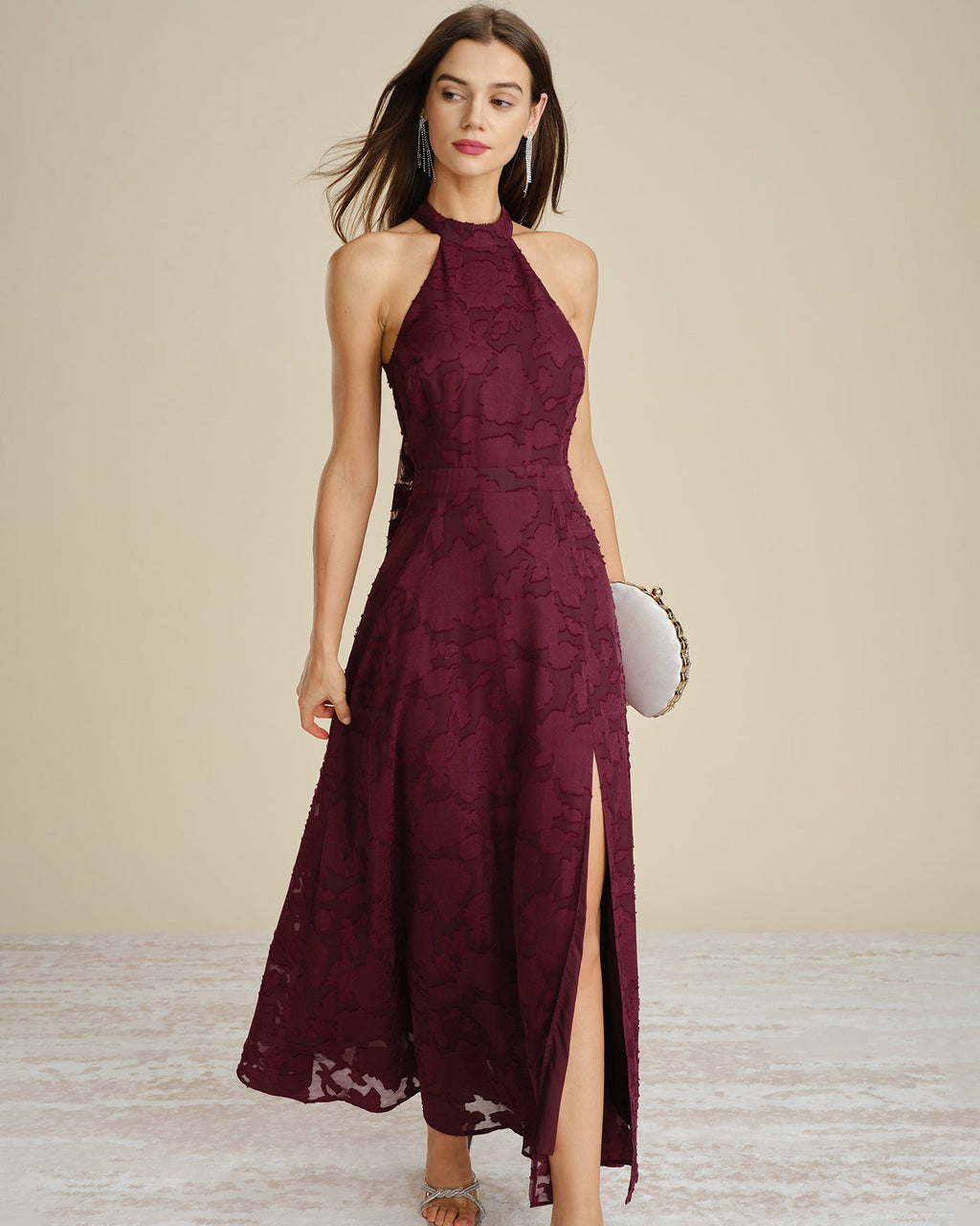 Vinröd Mock Neck Jacquard Maxi Klänning