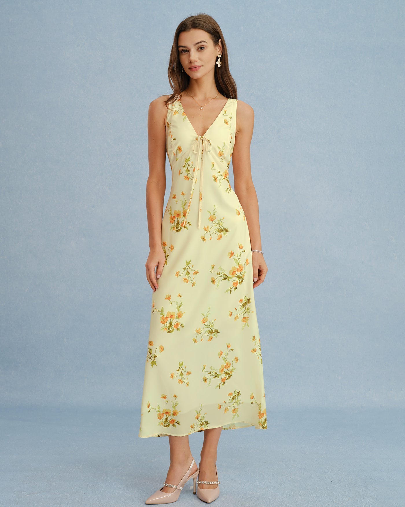 Gul V-ringad Blommig Chiffon Maxiklänning