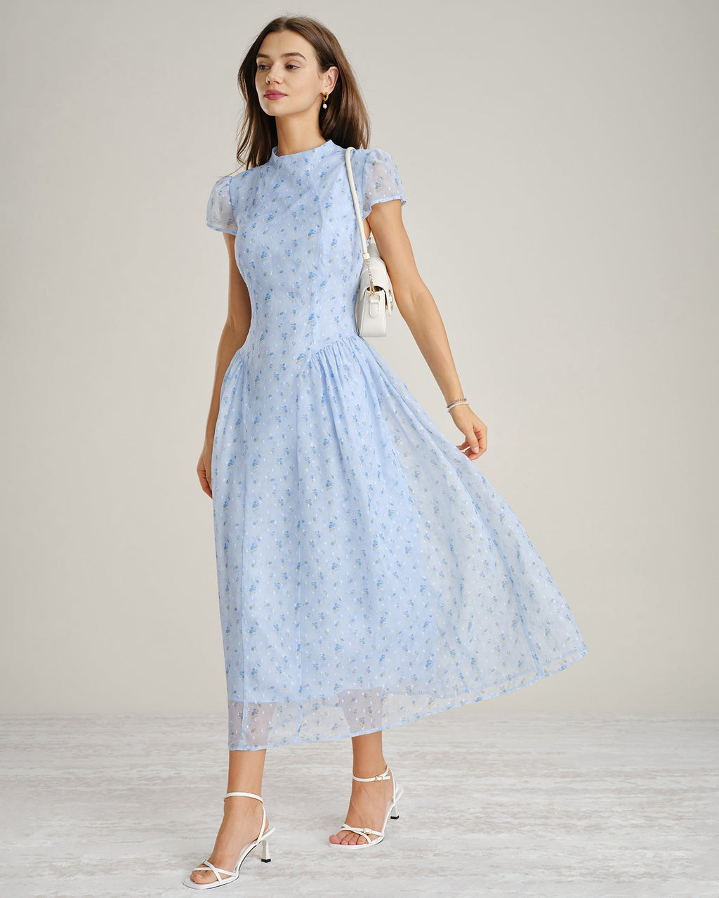 Blå Mock Neck Blommig Chiffon Maxi Klänning