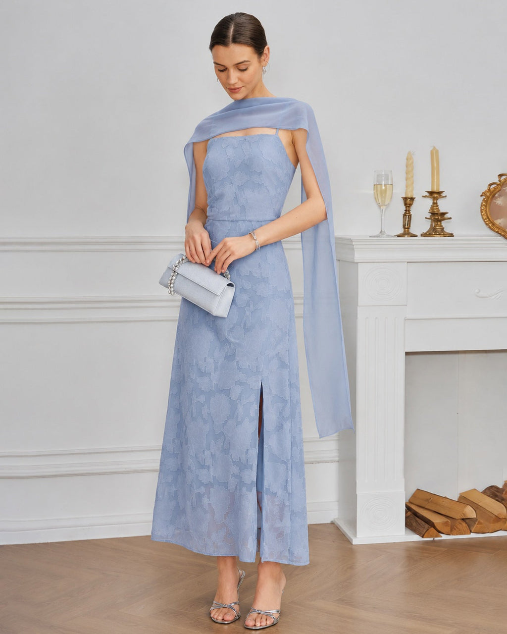 Blå Fyrkantig Halsringning Jacquard Slits Maxi Klänning