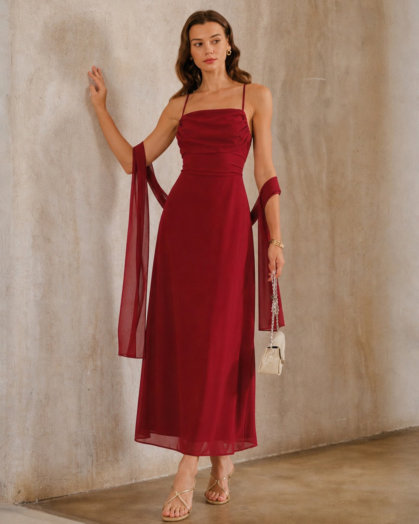 Röd Rygglös Sprund Chiffon Maxi Klänning