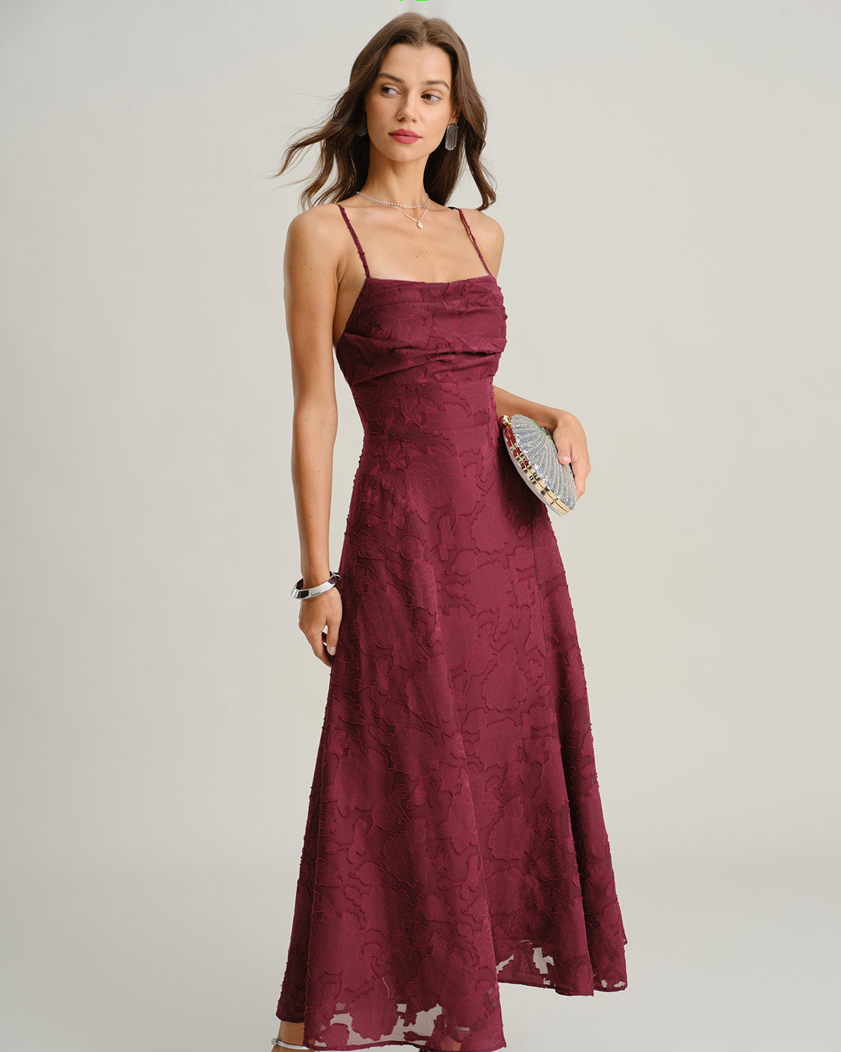 Vinröd Jacquard Slip Maxi Klänning