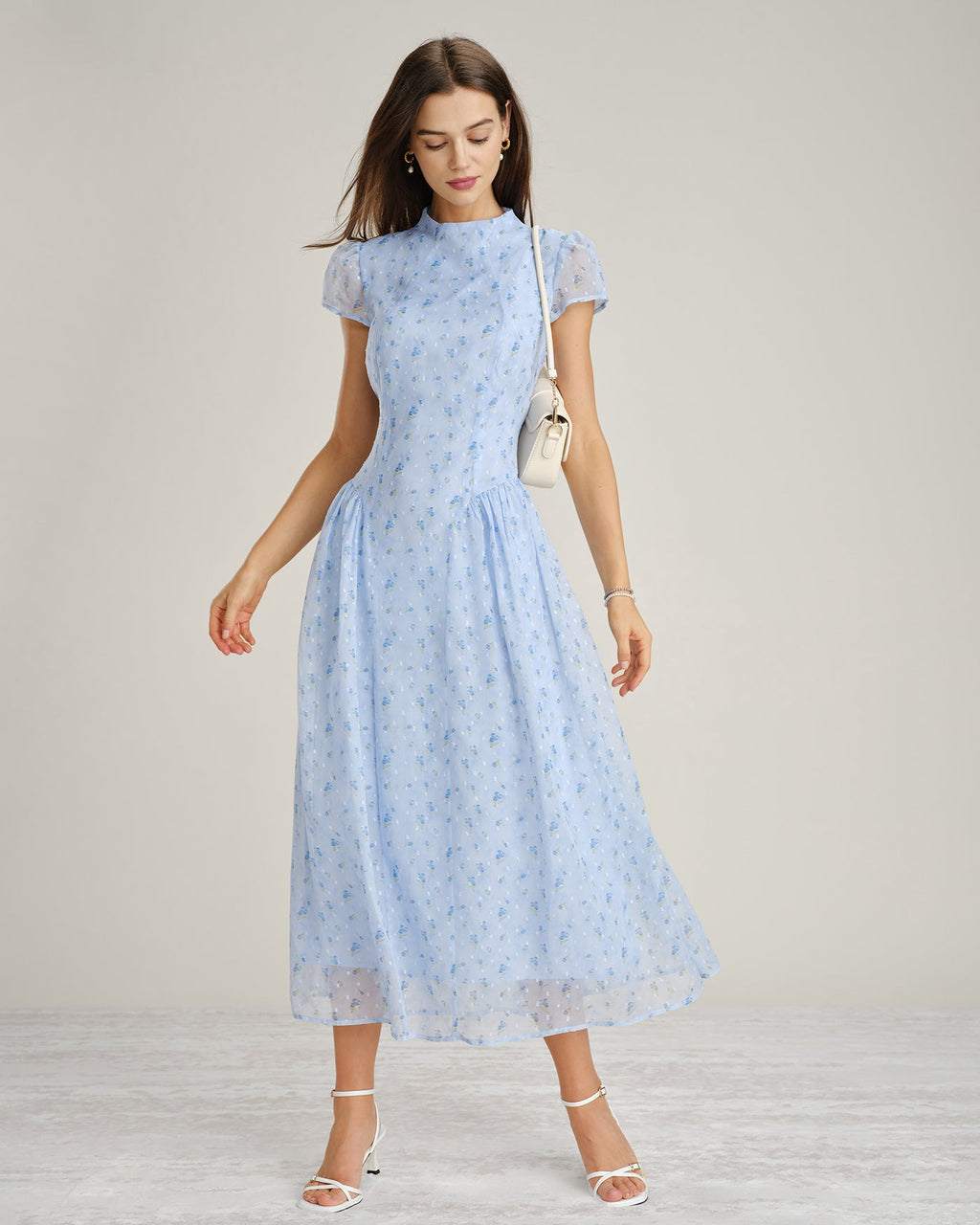 Blå Mock Neck Blommig Chiffon Maxi Klänning