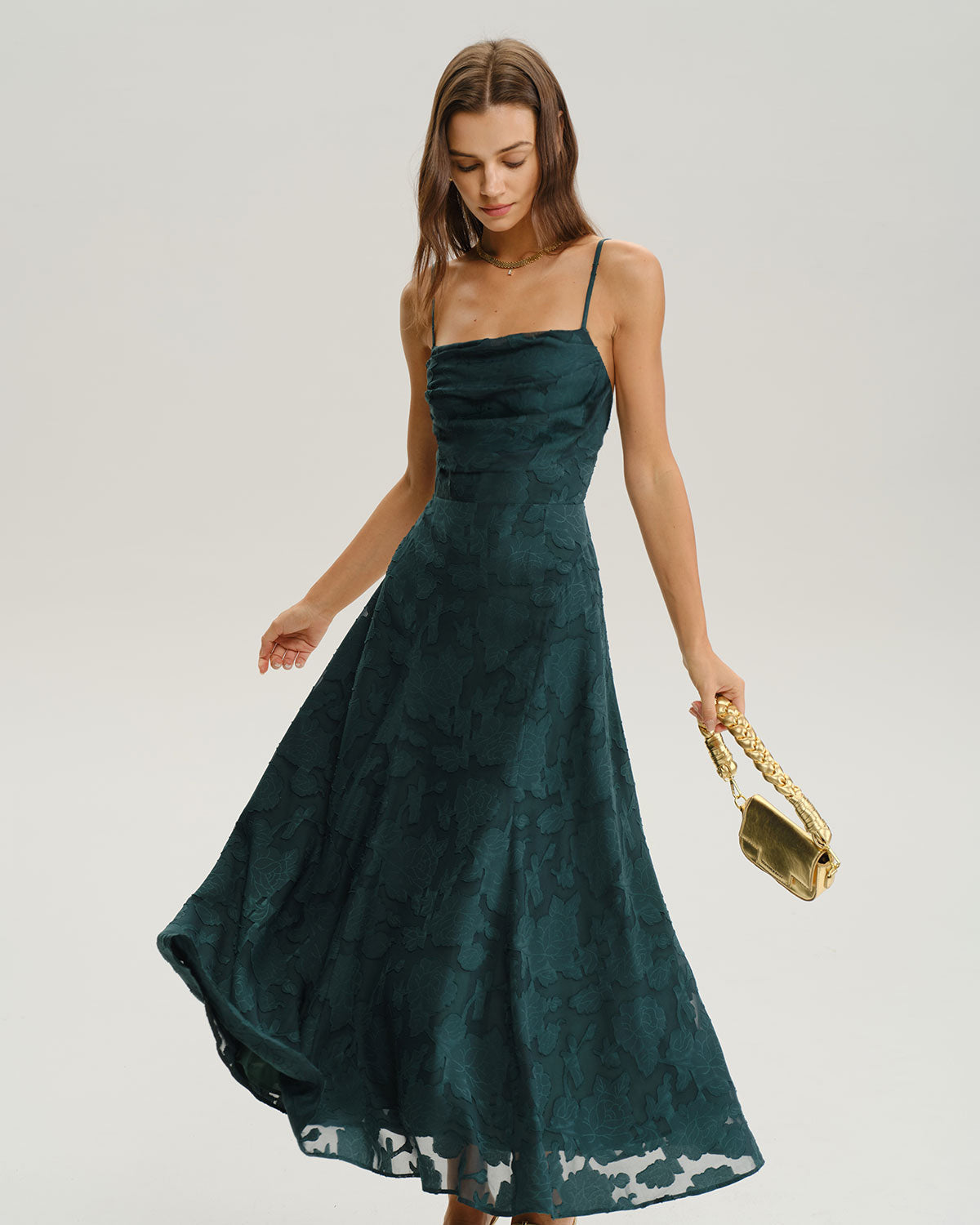 Grön Jacquard A-Linje Slip Maxi Klänning