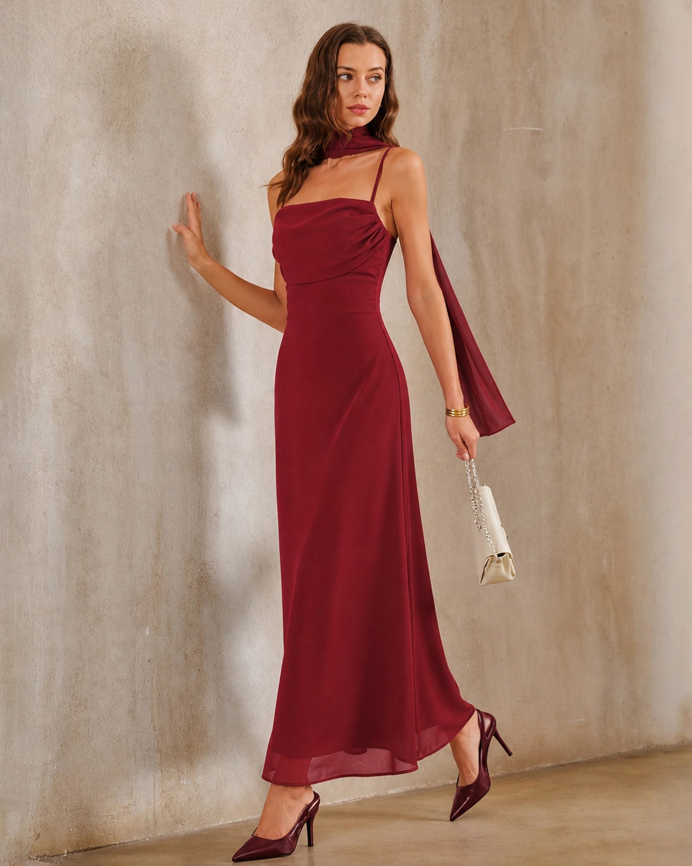Röd Rygglös Sprund Chiffon Maxi Klänning