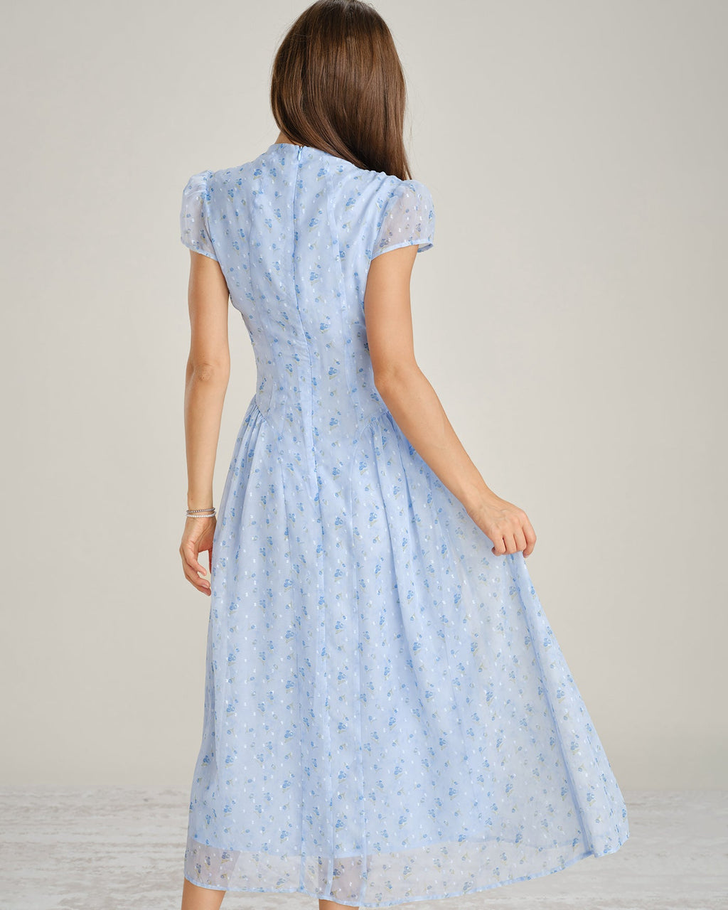 Blå Mock Neck Blommig Chiffon Maxi Klänning
