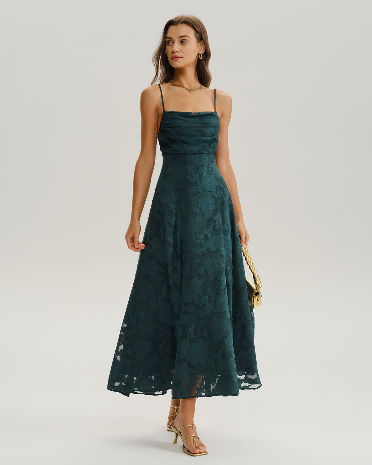 Grön Jacquard A-Linje Slip Maxi Klänning