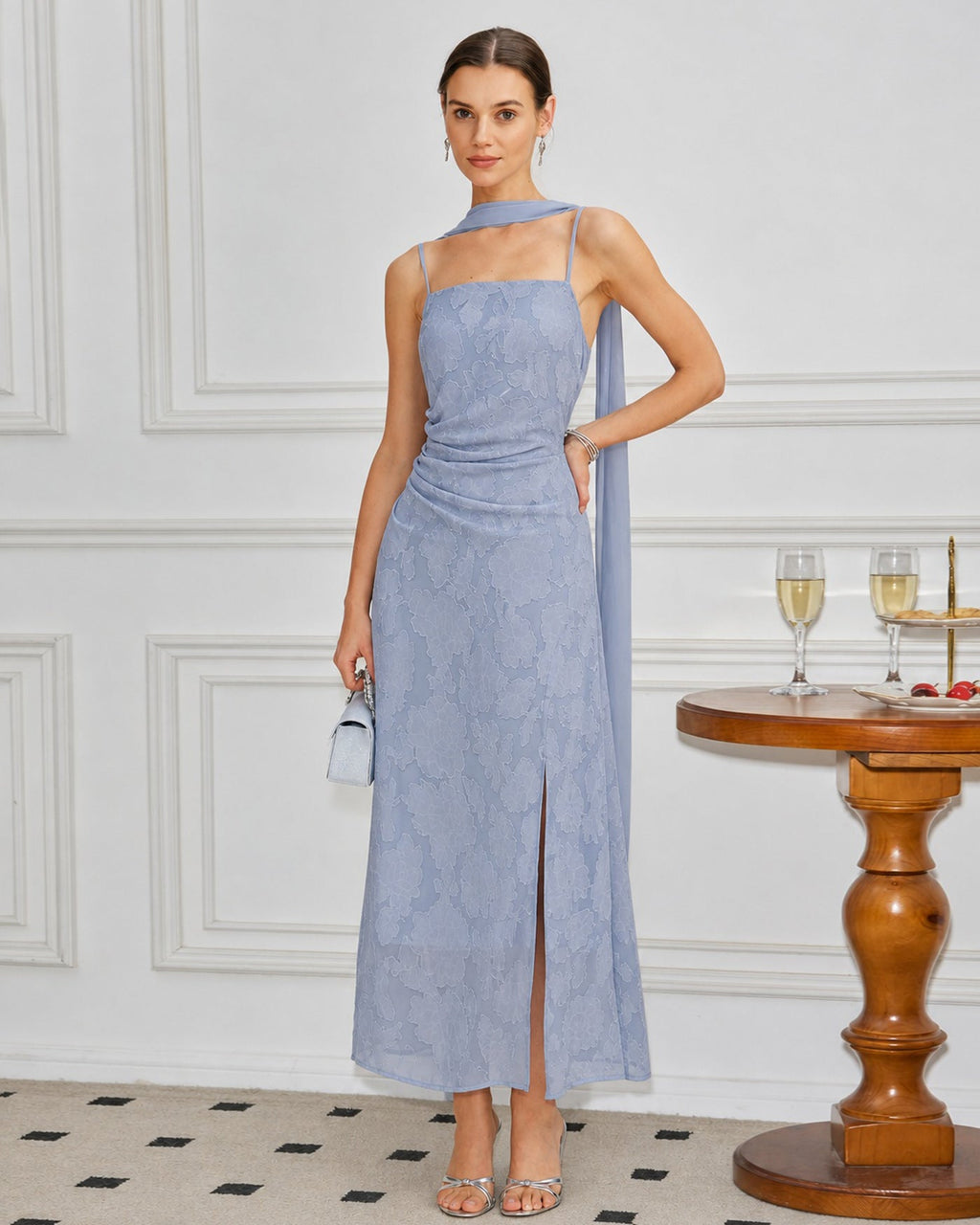 Blå Fyrkantig Halsringning Jacquard Slits Maxi Klänning