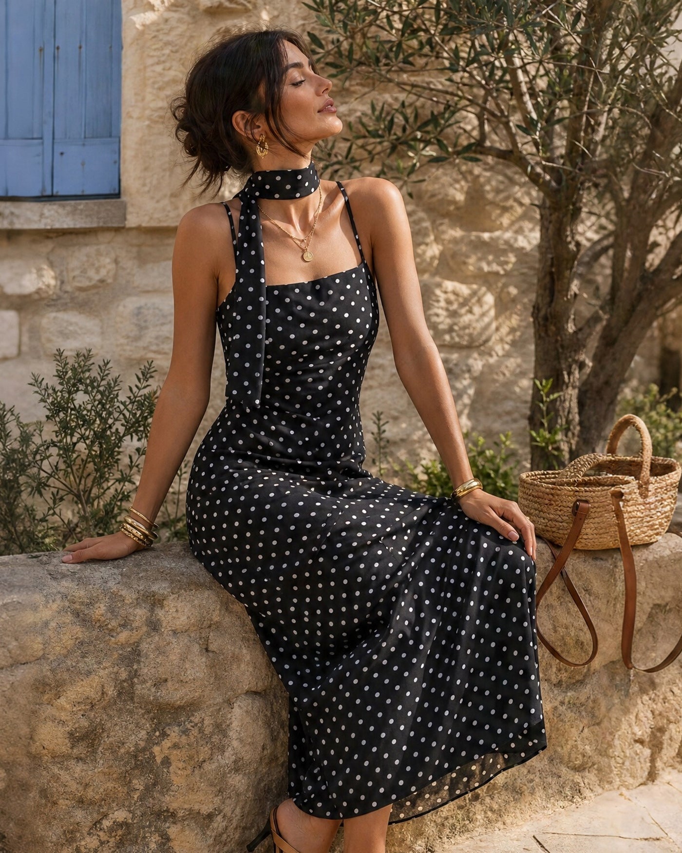 Svart Prickig Cowl Neck Slip Maxi Klänning