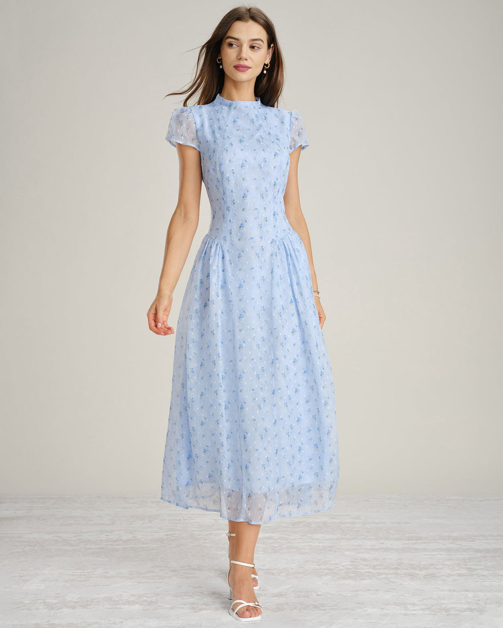 Blå Mock Neck Blommig Chiffon Maxi Klänning