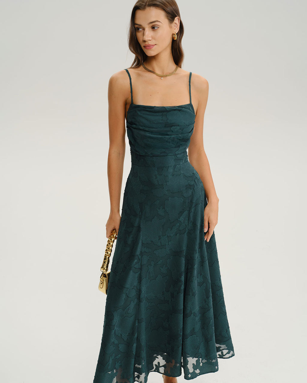 Grön Jacquard A-Linje Slip Maxi Klänning