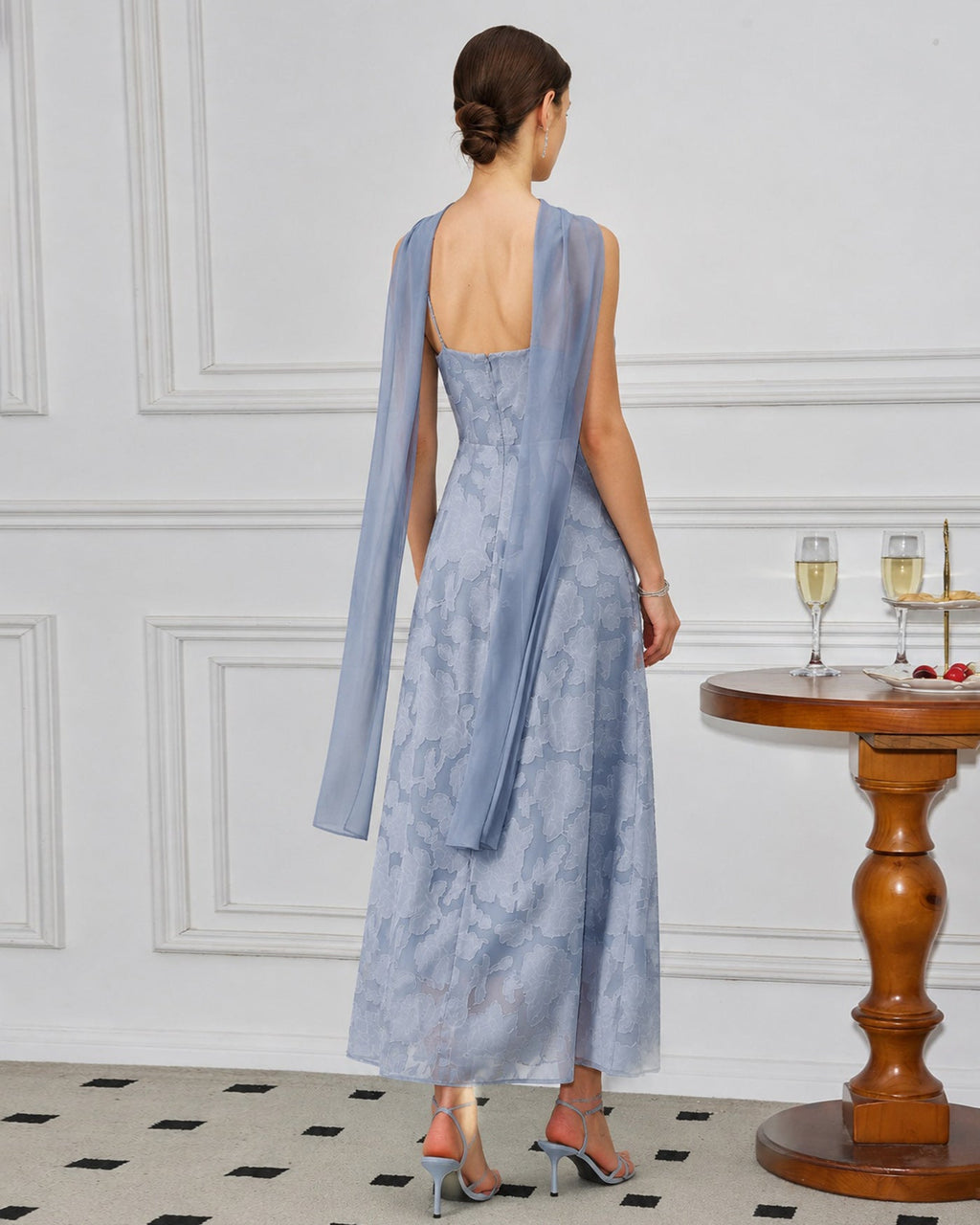 Blå Fyrkantig Halsringning Jacquard Slits Maxi Klänning