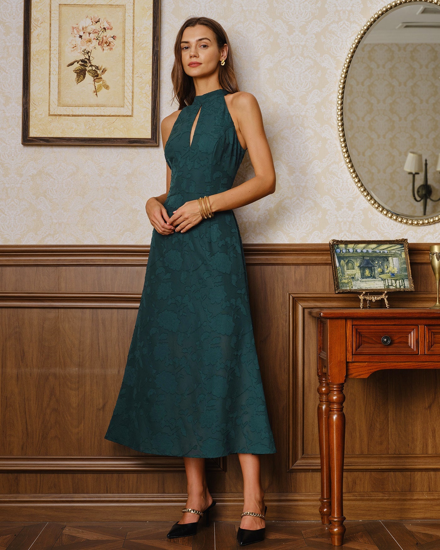 Grön Mock Neck Ärmless Jacquard Maxi Klänning