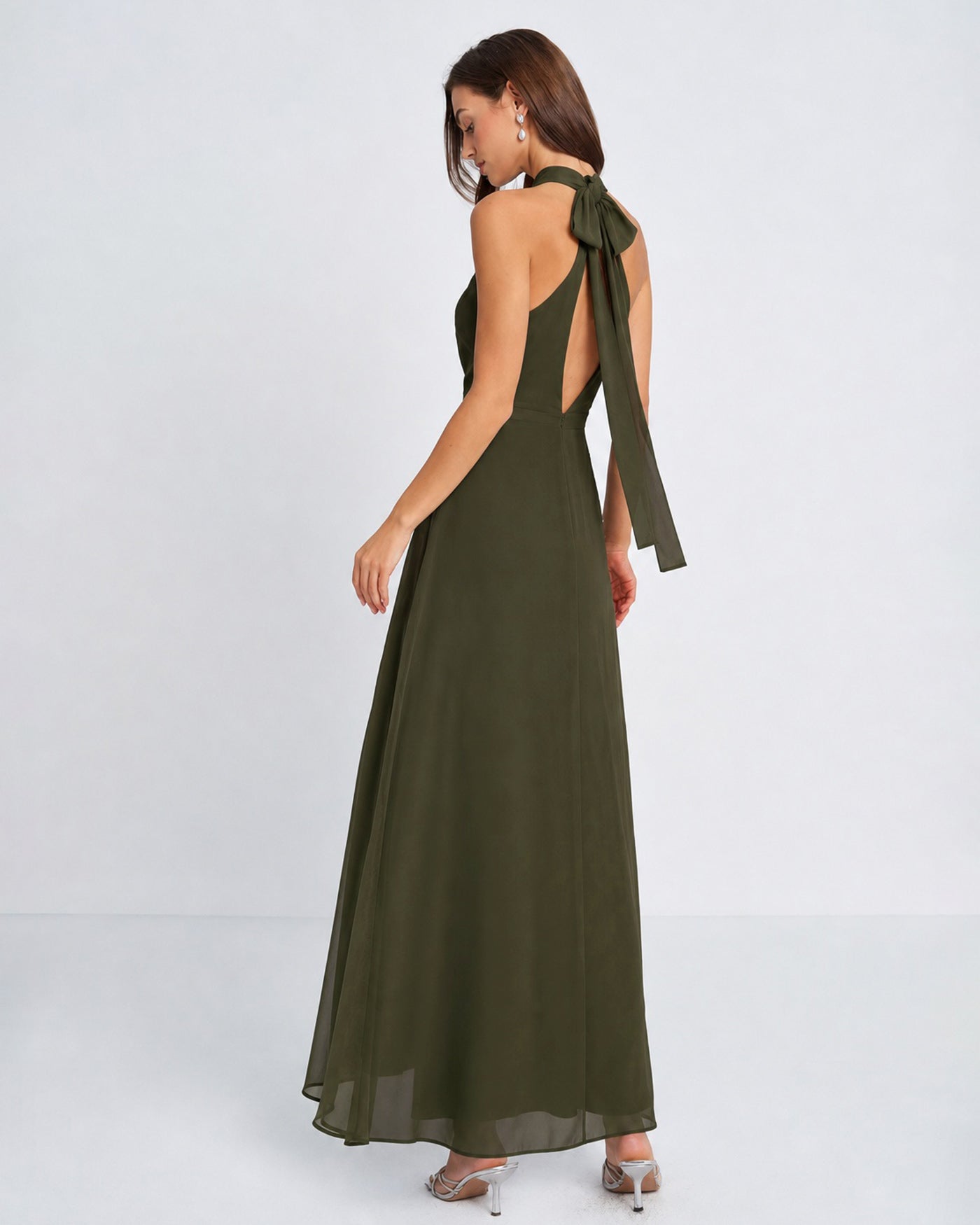 Grön Mock Neck Slits Chiffon Maxiklänning