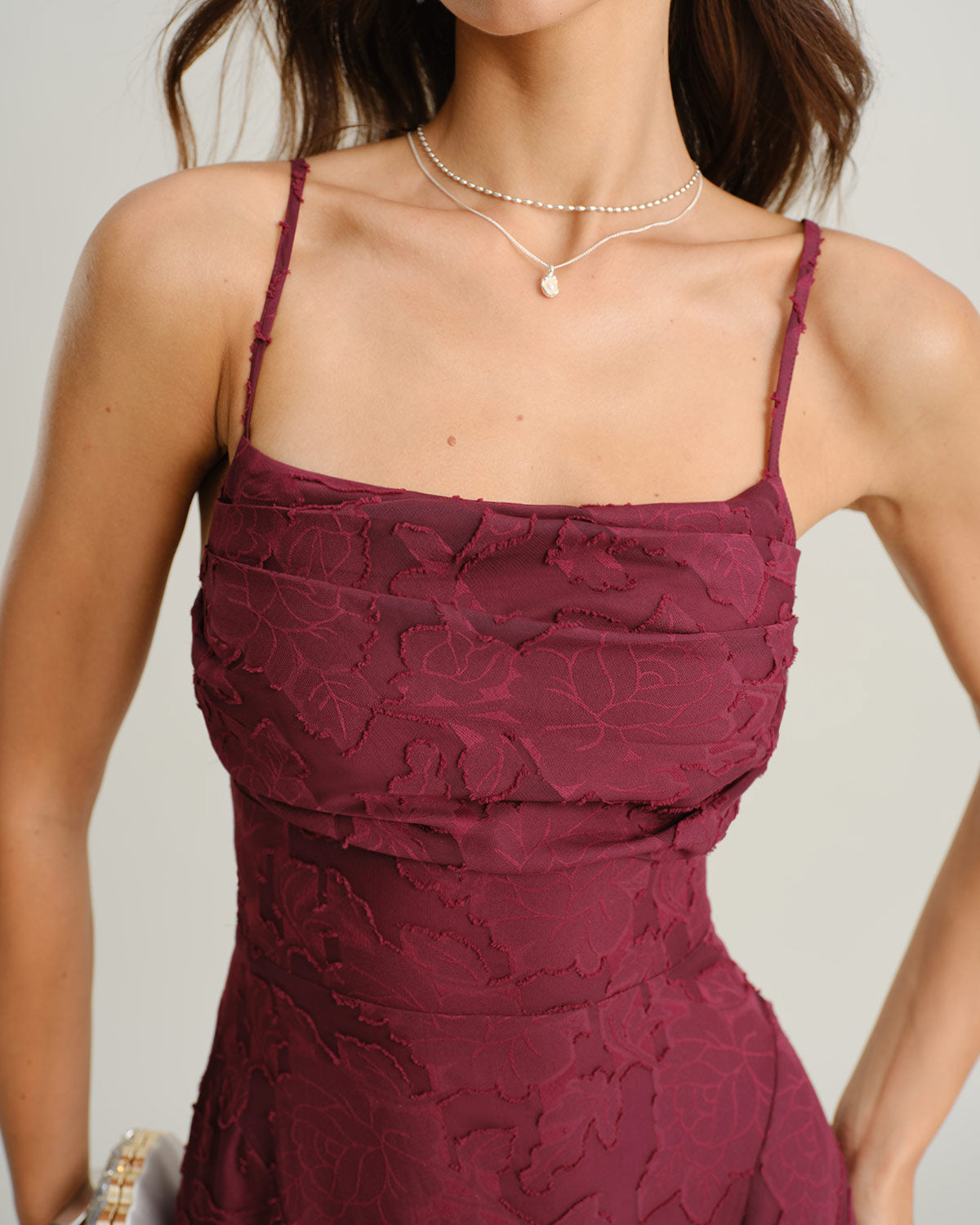 Vinröd Jacquard Slip Maxi Klänning
