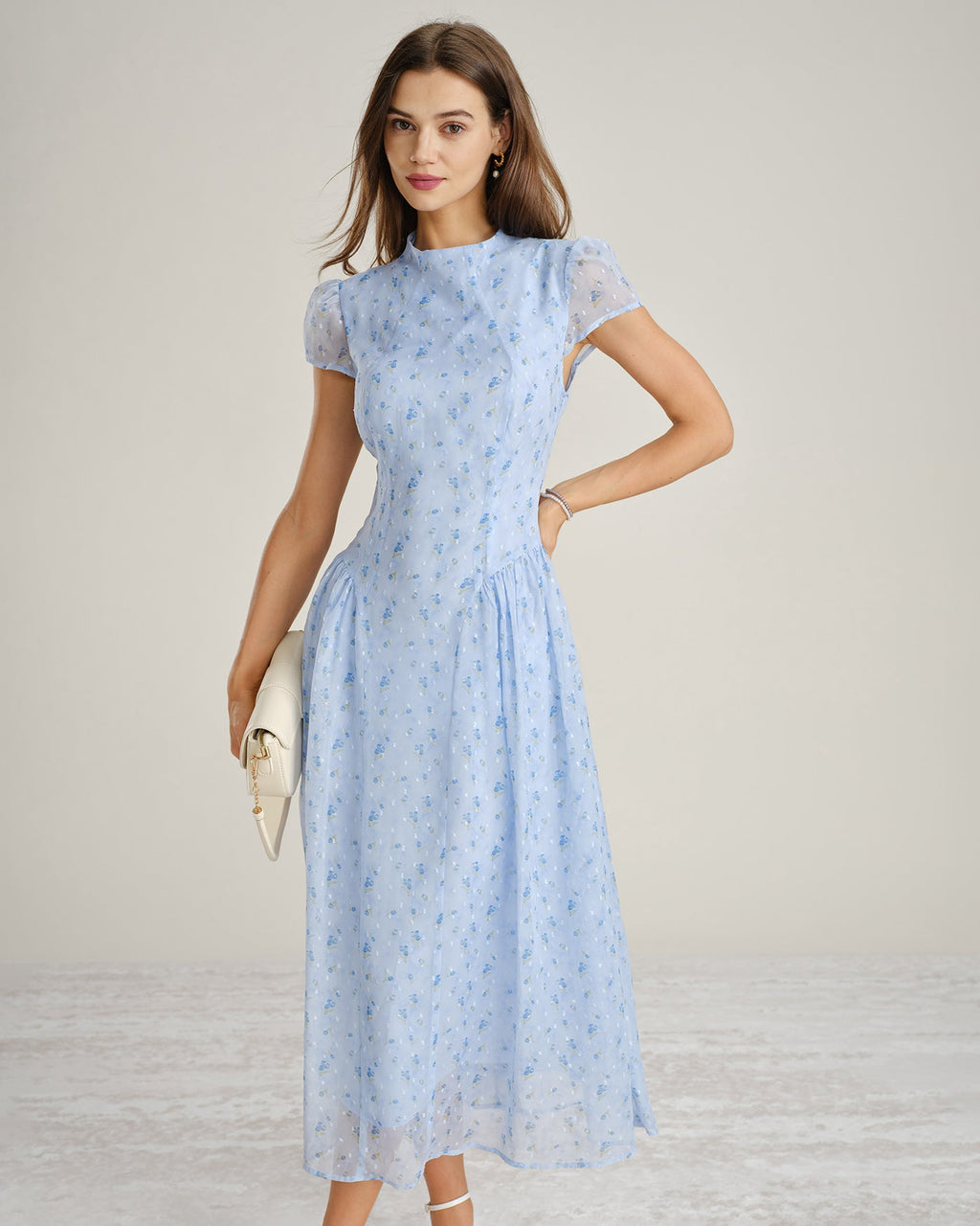 Blå Mock Neck Blommig Chiffon Maxi Klänning