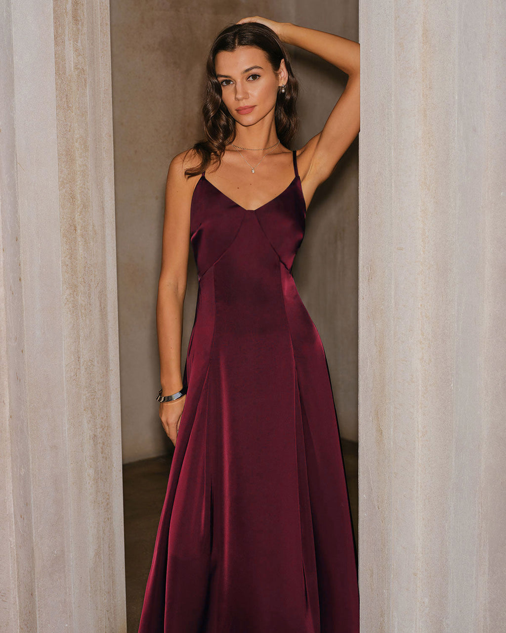 Vinröd Satin A-Linje Slip Maxi Klänning