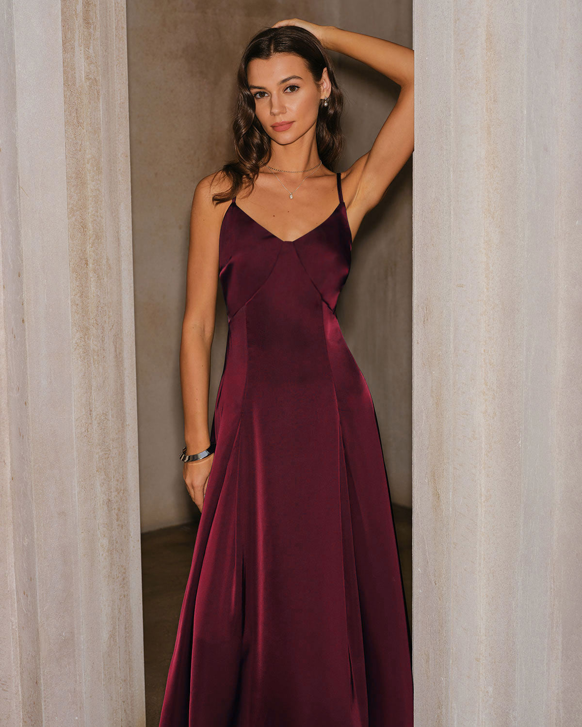 Vinröd Satin A-Linje Slip Maxi Klänning