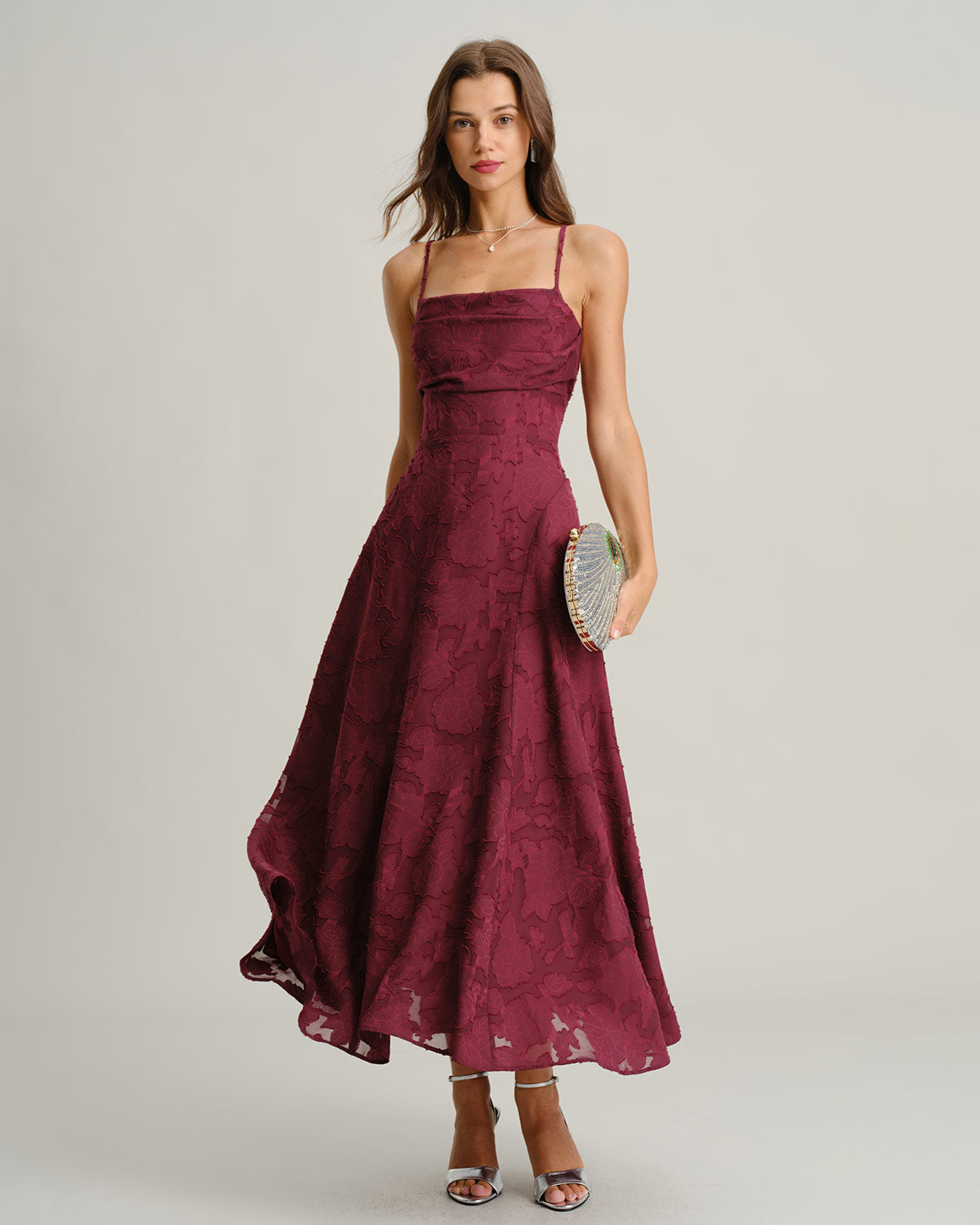 Vinröd Jacquard Slip Maxi Klänning