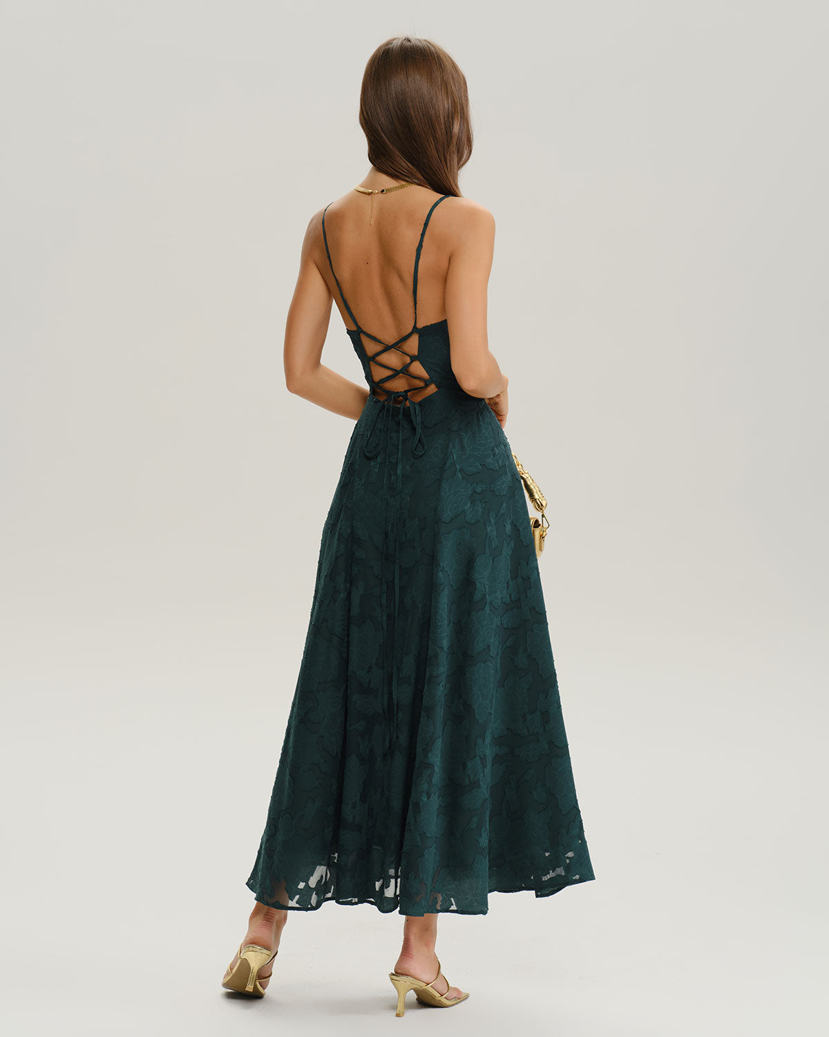 Grön Jacquard A-Linje Slip Maxi Klänning