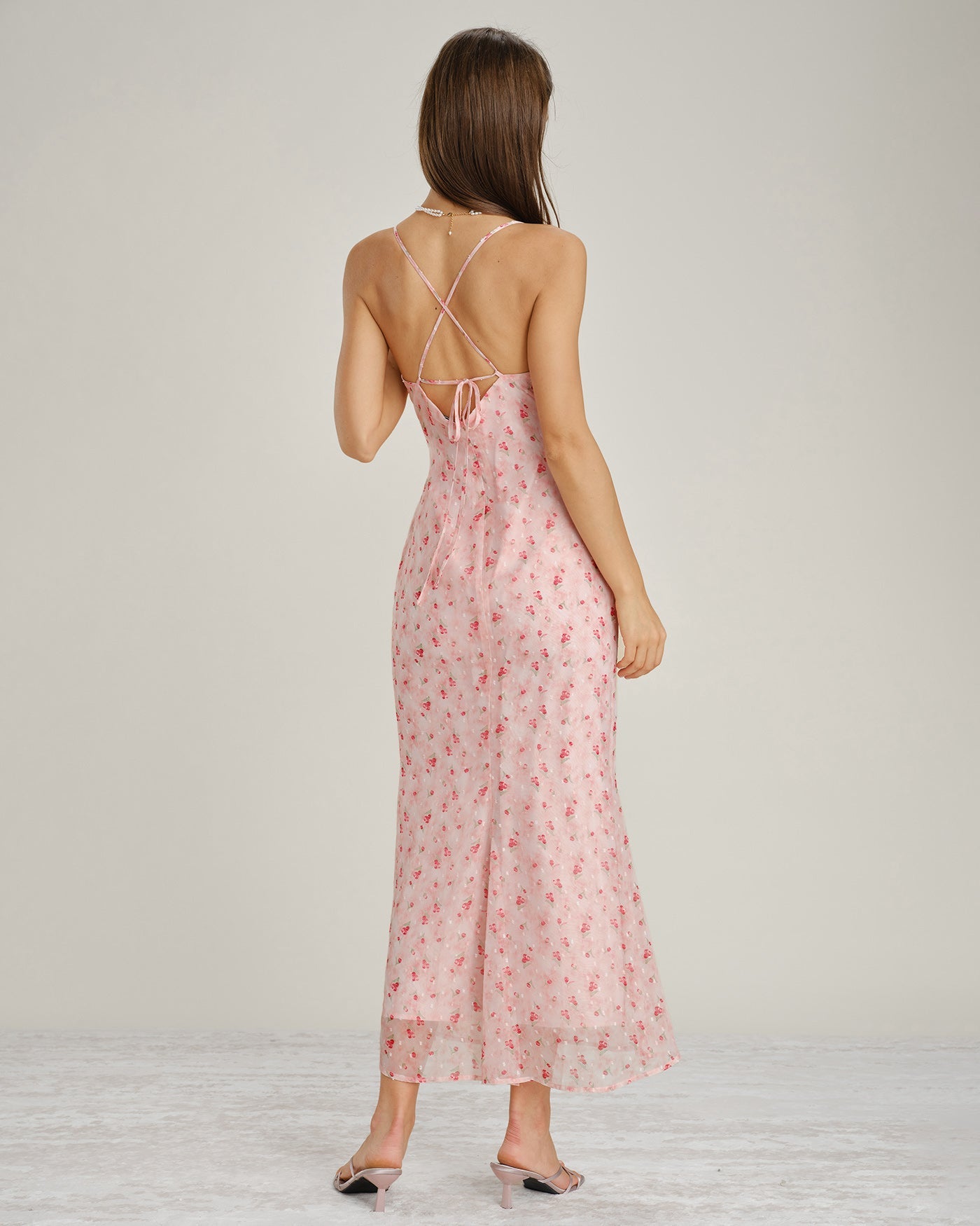 Rosa Cowl Neck Blommig Slip Maxi Klänning