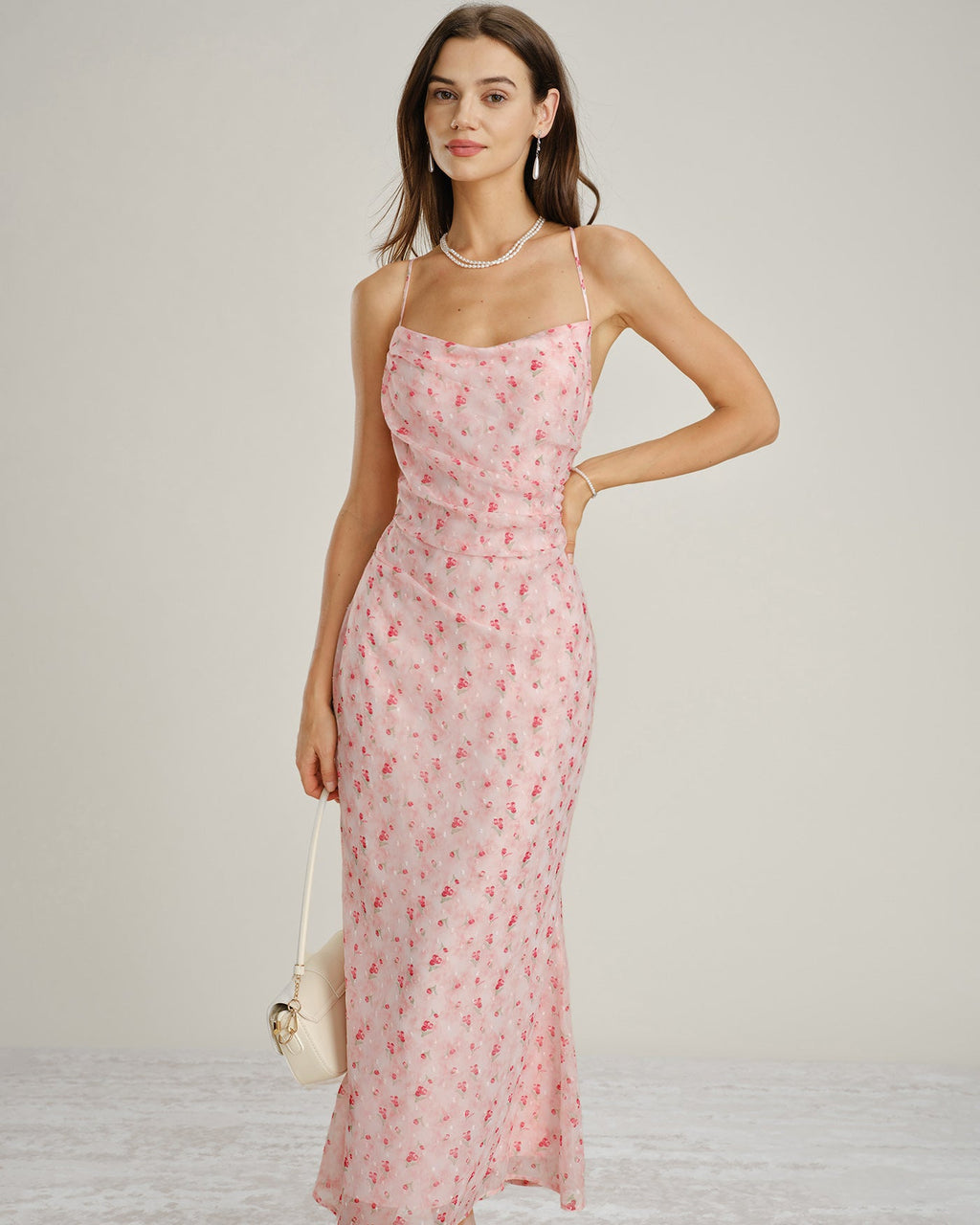 Rosa Cowl Neck Blommig Slip Maxi Klänning