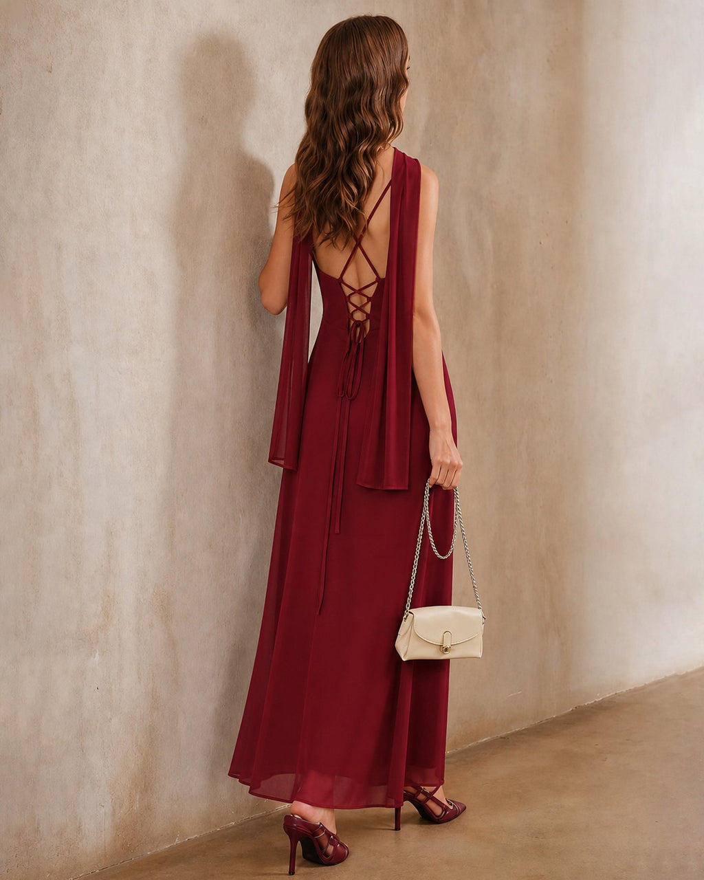 Röd Rygglös Sprund Chiffon Maxi Klänning